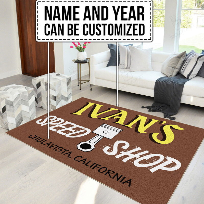 Personalized Speed Shop Hot Rod Area Rug for Home Decor