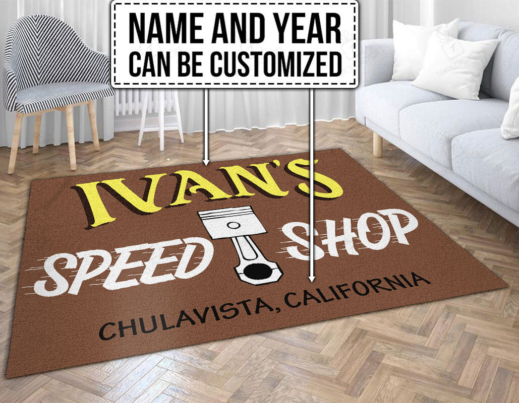 Personalized Speed Shop Hot Rod Area Rug for Home Decor