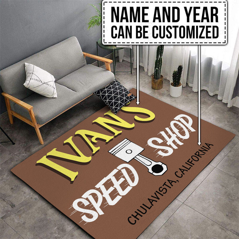 Personalized Speed Shop Hot Rod Area Rug for Home Decor