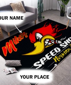 Personalized Speed Shop Hot Rod Woodpecker Area Rug