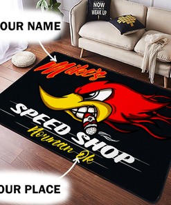 Personalized Speed Shop Hot Rod Woodpecker Area Rug