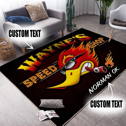 Personalized Speed Shop Hot Rod Woodpecker Area Rug for Garage