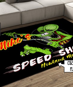 Personalized Speed Shop Rat Fink Area Rug Hot Rod Rug for Garage