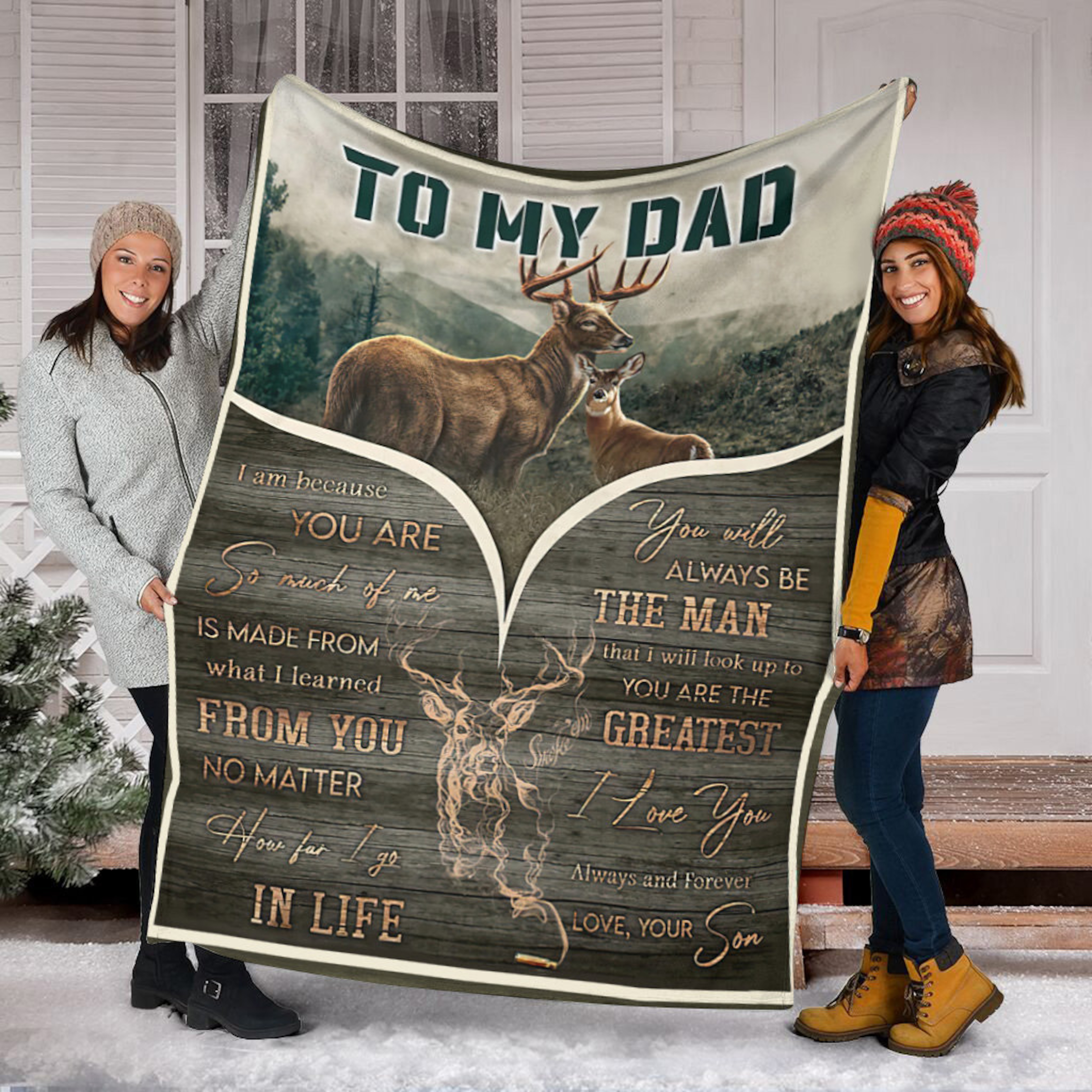Personalized To My Dad Deer Quilt Blanket, Mom Dad to Son Quilt Blanket, Custom Name Quilt Blanket for Son, Grandson Quilt Blanket