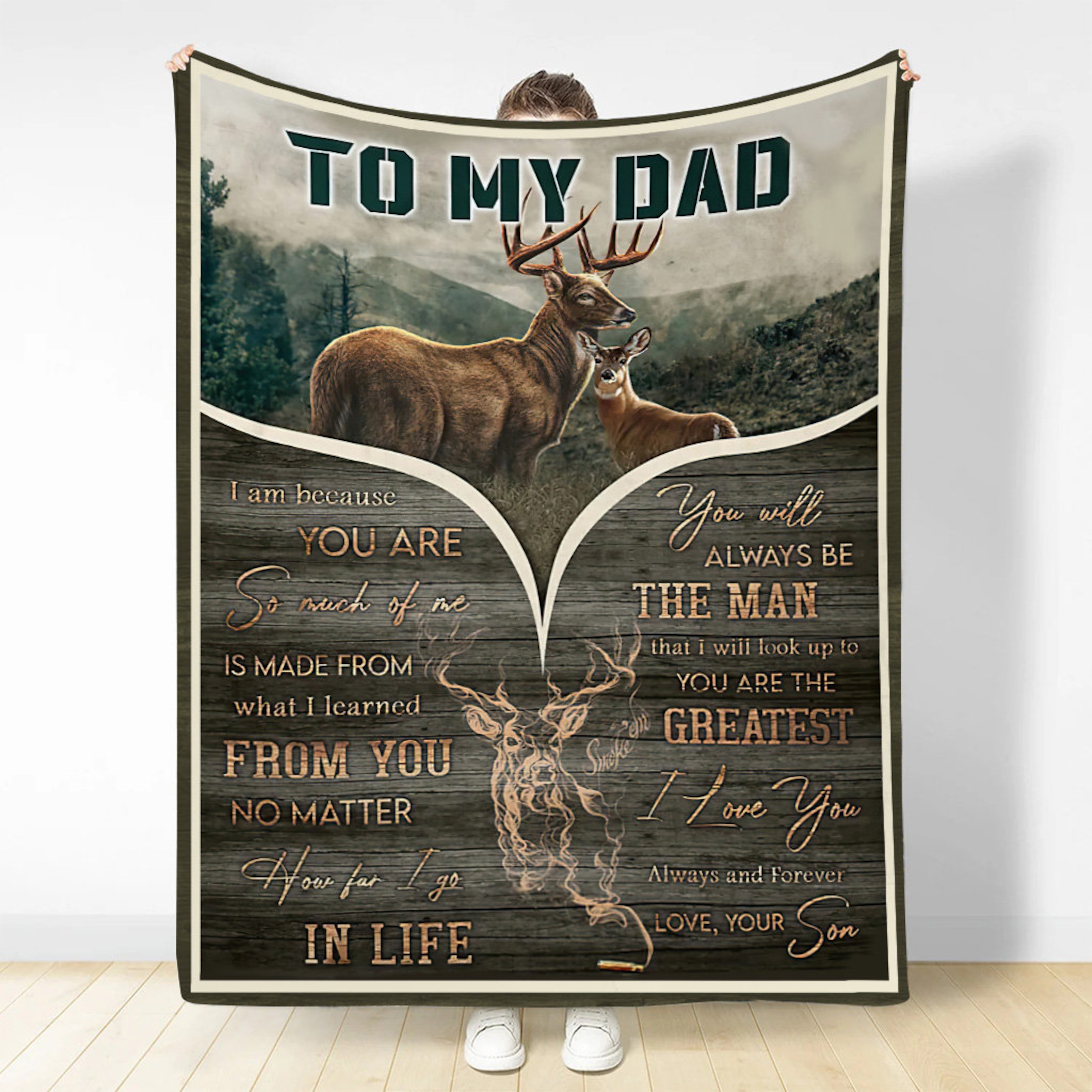 Personalized To My Dad Deer Quilt Blanket, Mom Dad to Son Quilt Blanket, Custom Name Quilt Blanket for Son, Grandson Quilt Blanket
