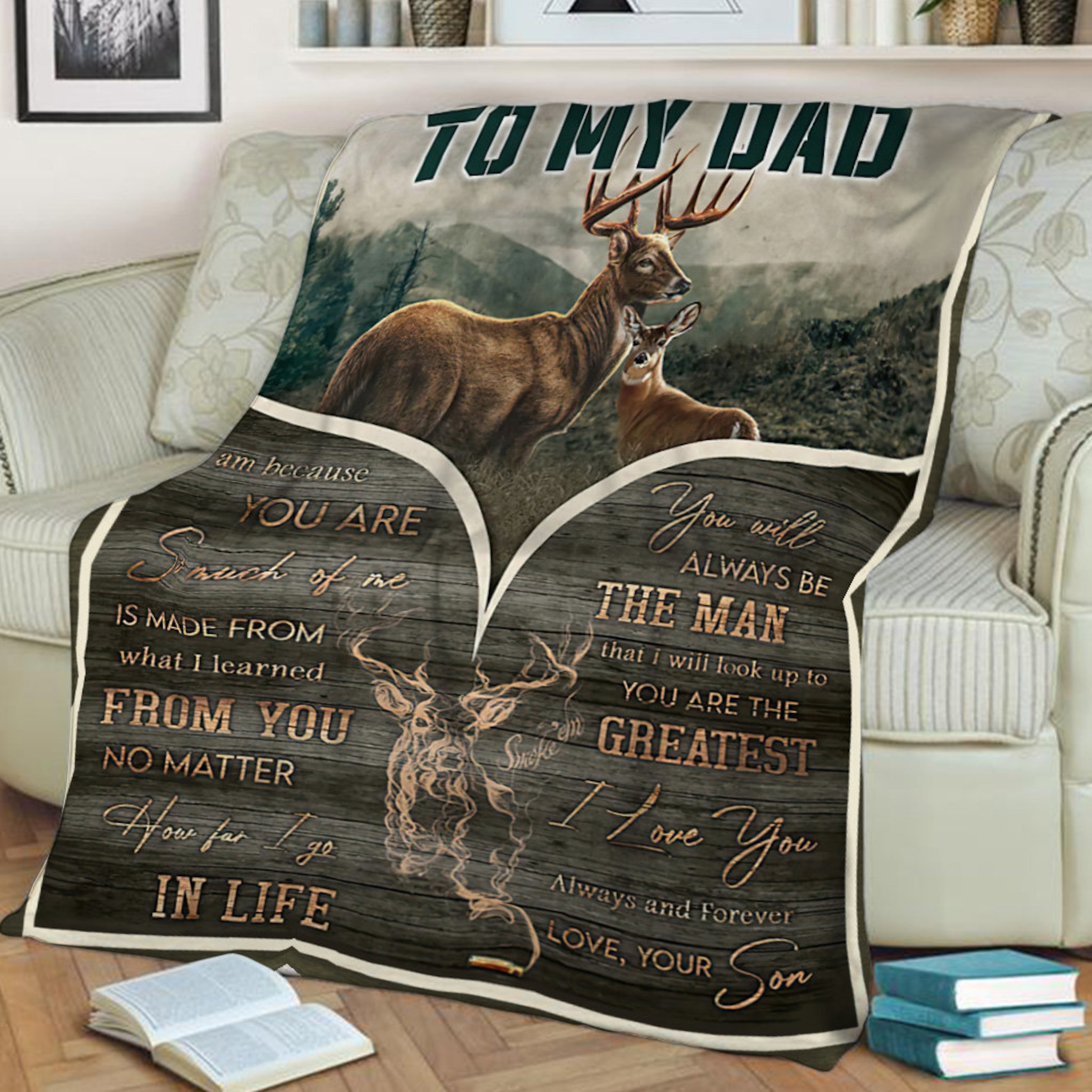 Personalized To My Dad Deer Quilt Blanket, Mom Dad to Son Quilt Blanket, Custom Name Quilt Blanket for Son, Grandson Quilt Blanket