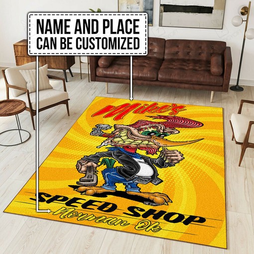 Personalized Woodpecker Hot Rod Rug for Garage