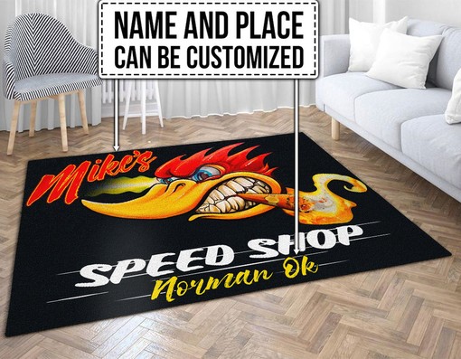 Personalized Woodpecker Speed Shop Area Rug for Hot Rod Lovers
