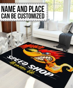 Personalized Woodpecker Speed Shop Area Rug for Hot Rod Lovers