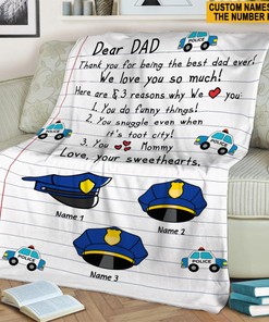 Police Dad Custom Name Quilt Blanket, Best Police Dad Ever Quilt Blanket, Father's Day Gift, Quilt Blanket For Police, Gift From Kid