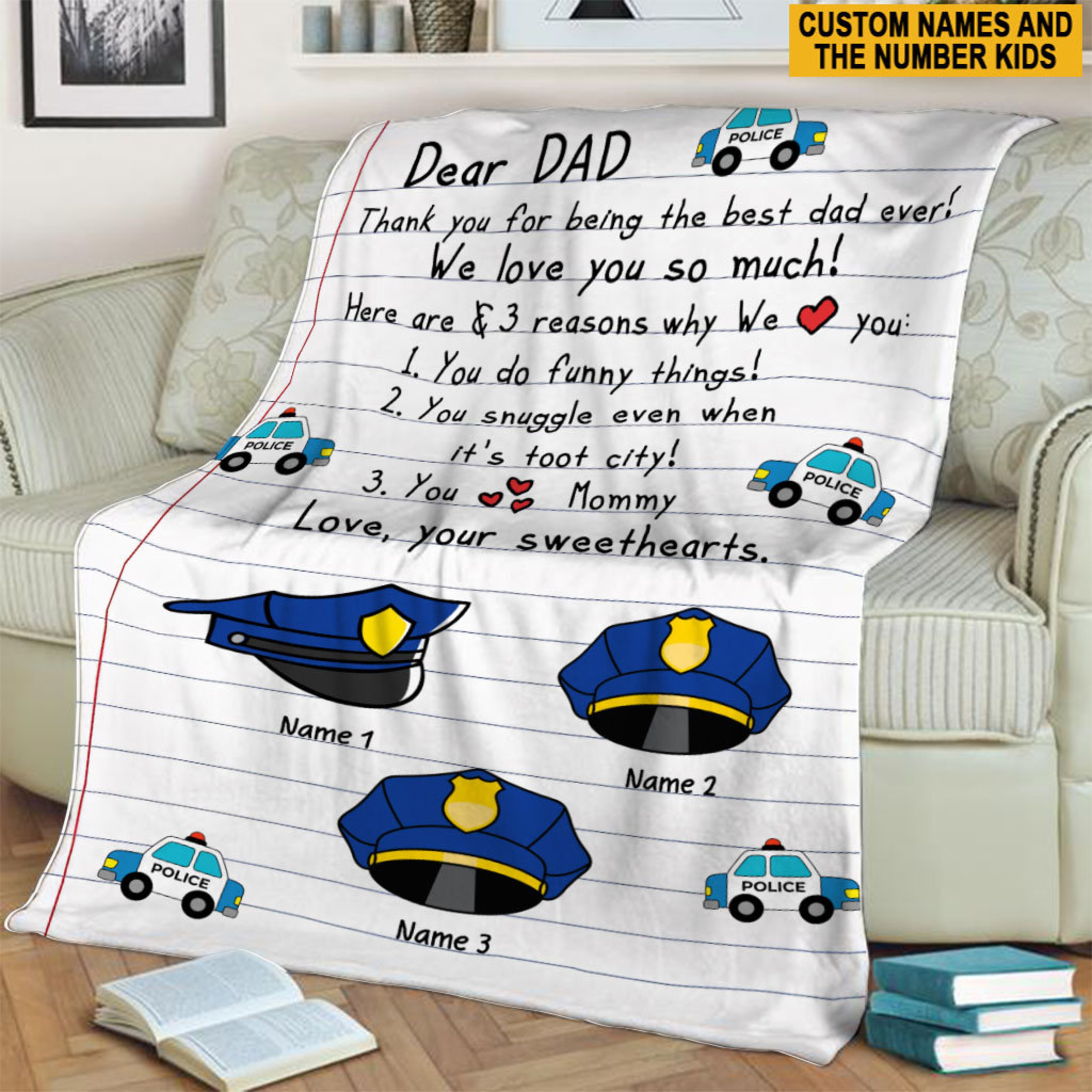 Police Dad Custom Name Quilt Blanket, Best Police Dad Ever Quilt Blanket, Father's Day Gift, Quilt Blanket For Police, Gift From Kid