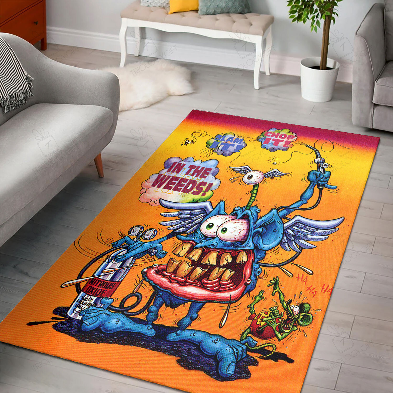Rat Fink In The Weeds Rug Hot Rod Rug for Garage