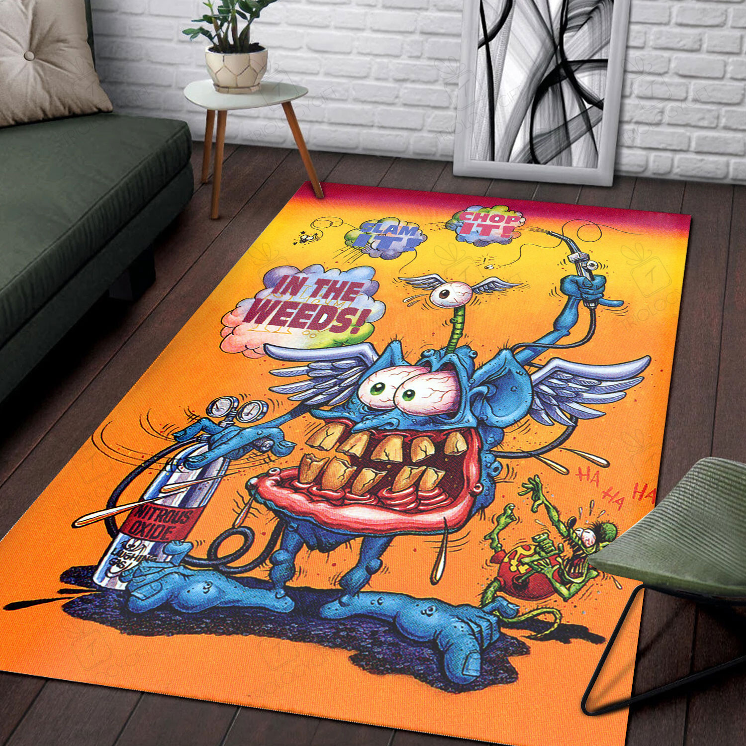 Rat Fink In The Weeds Rug Hot Rod Rug for Garage