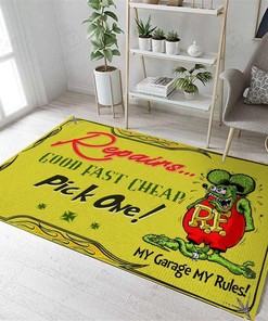 Rat Fink Repairs Good Fast Cheap Area Rug Hot Rod Rug for Garage