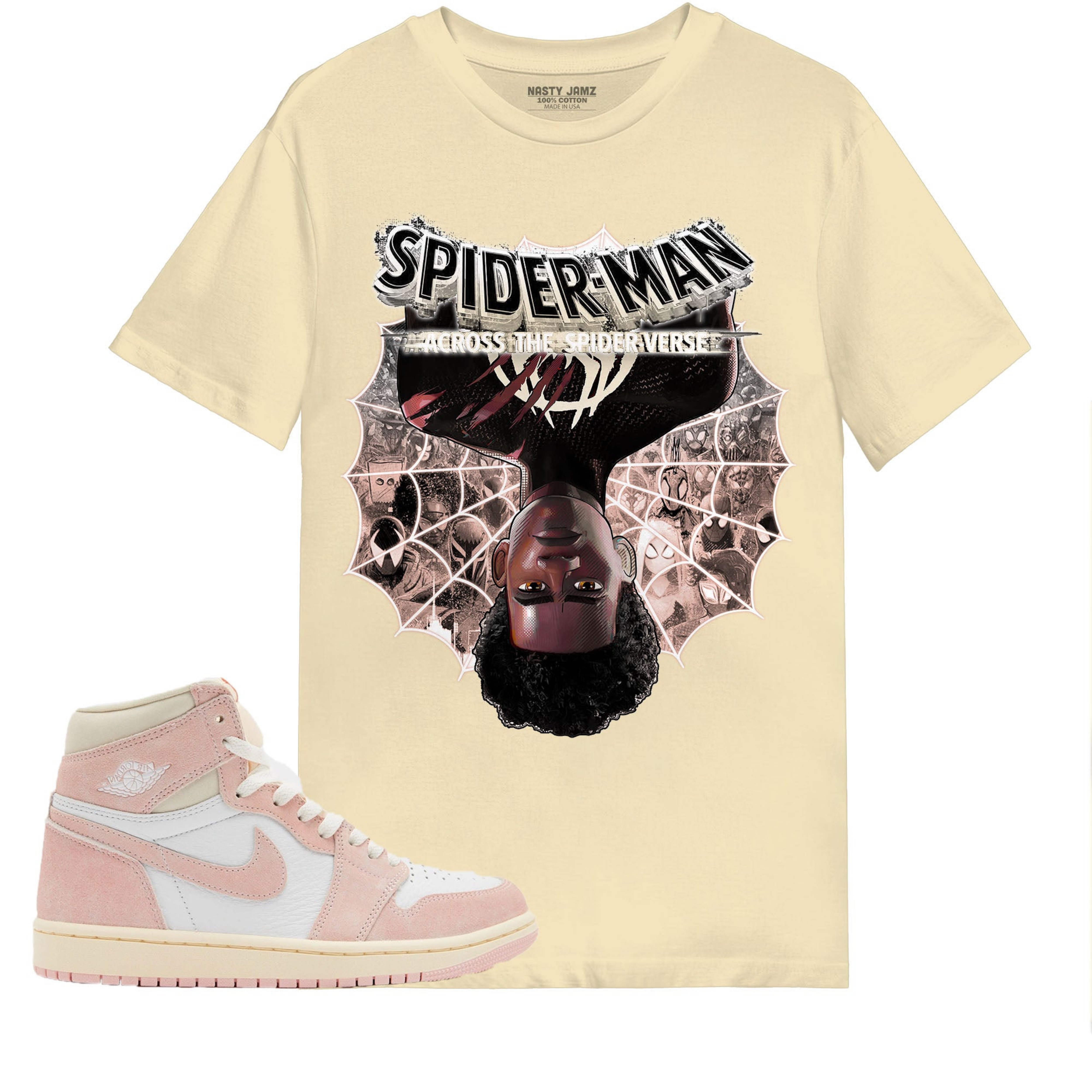 Reverse Spiderman Shirt Match Jordan 1 OG Washed Pink Shirt In Color Nature