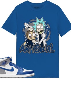 Rick And Morty Anti Social Shirt Match Jordan 1 High OG True Blue Shirt In Color Royal