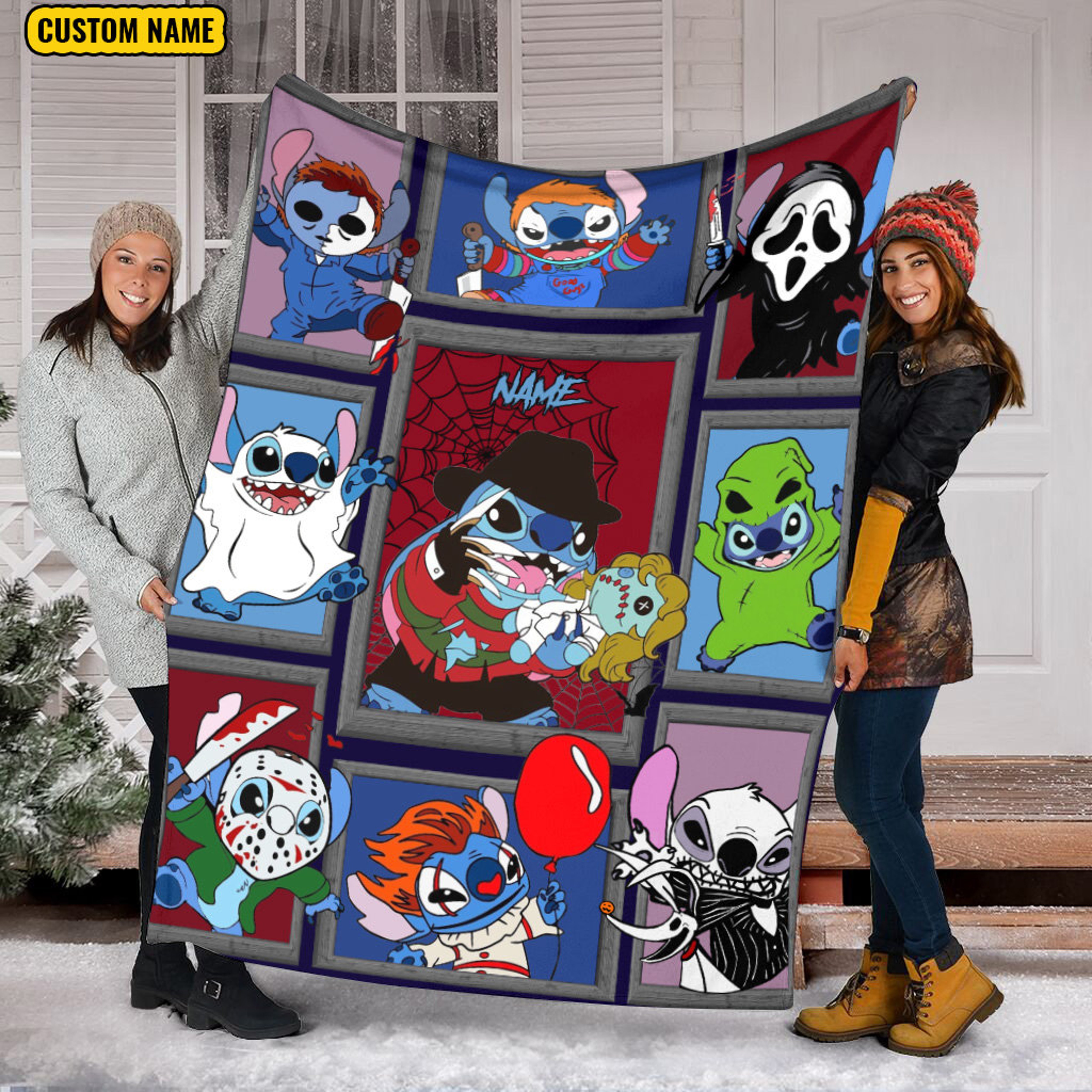 Stitch Cosplay Horror Characters Blanket - Watching Blanket - Horror Stitch Halloween Custom Name