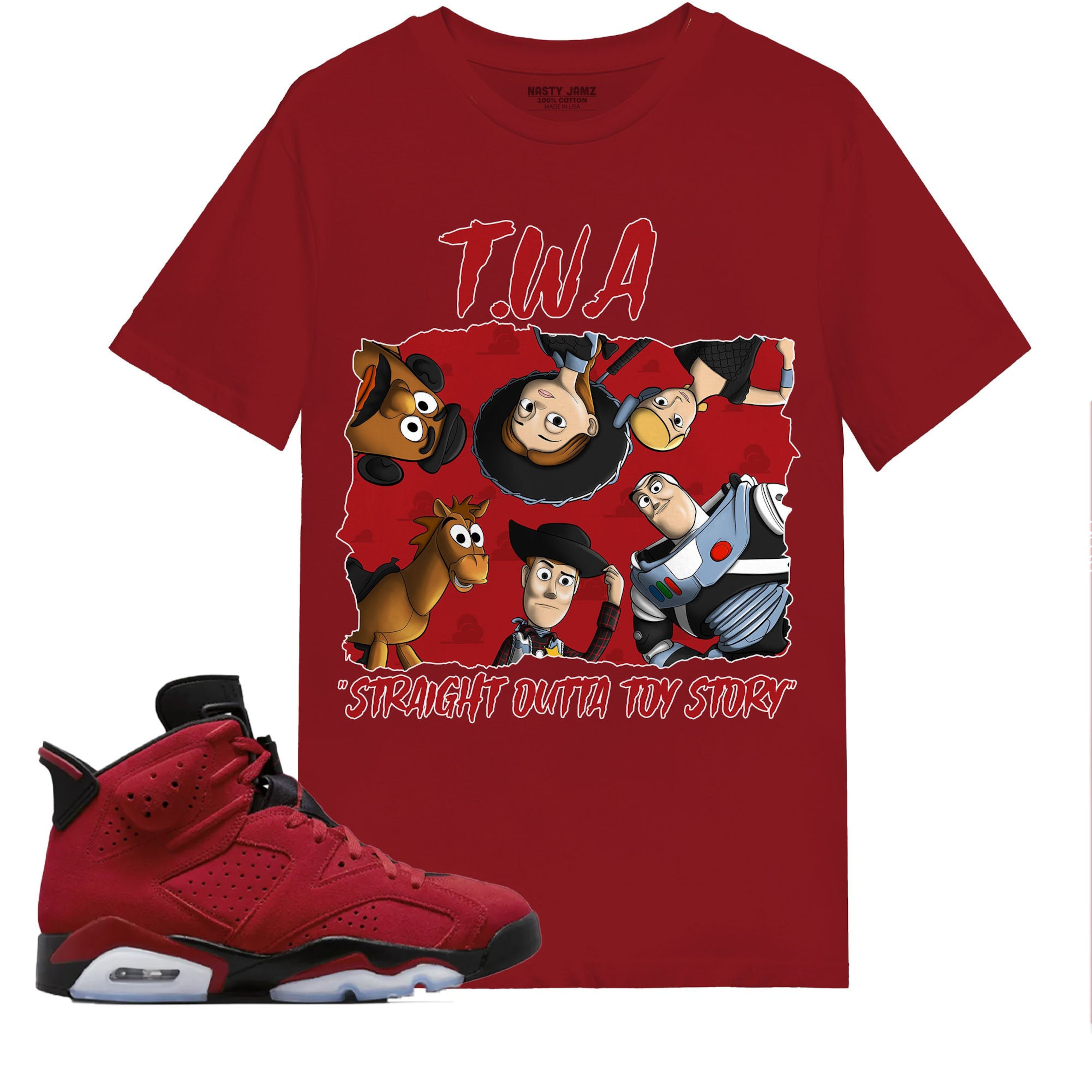 TWA Toys Stroke Shirt Match Jordan 6 Toro Bravo Shirt In Color cherry Red