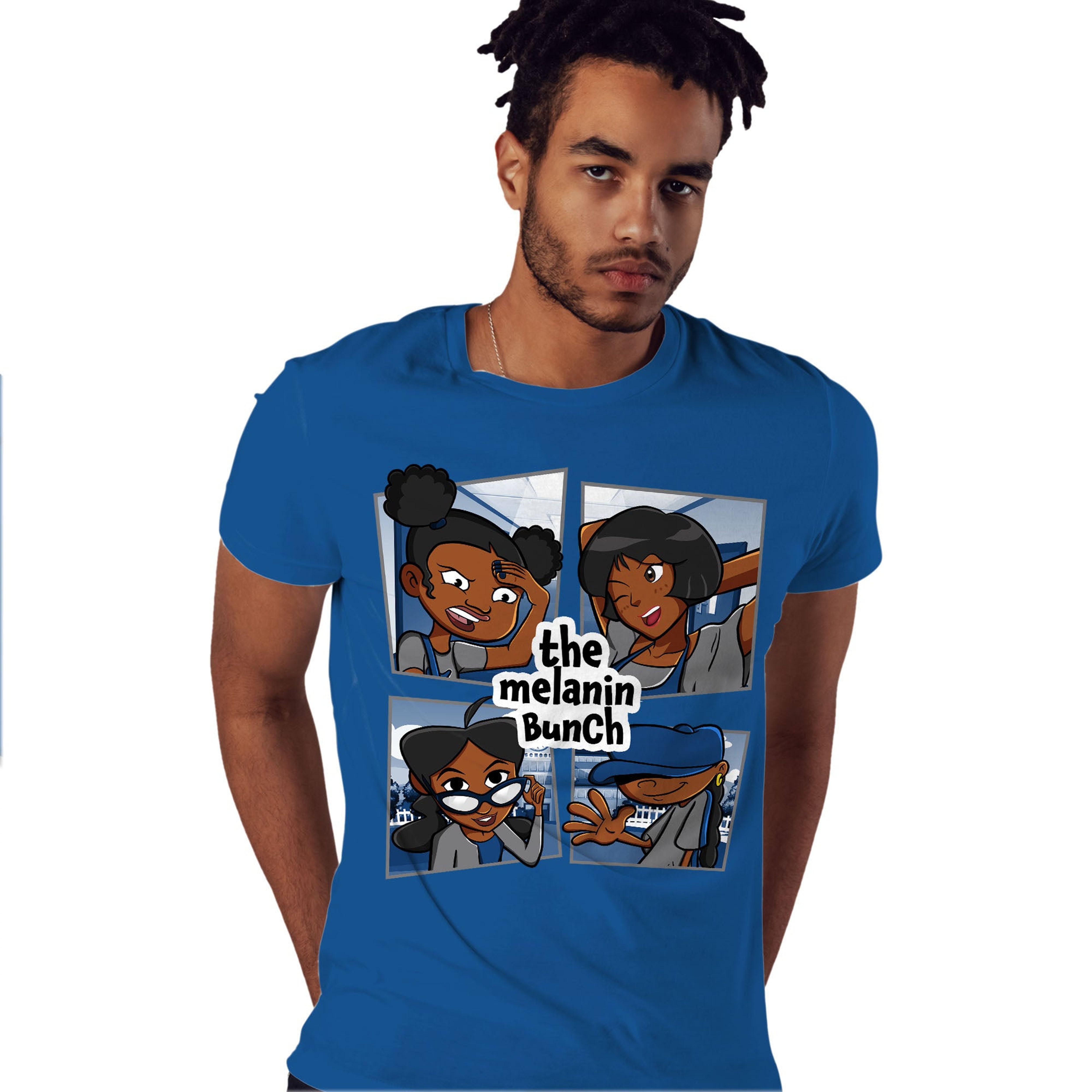 The Melanin Bunch In Cartoon Shirt Match Jordan 1 High OG True Blue Shirt In Color Royal