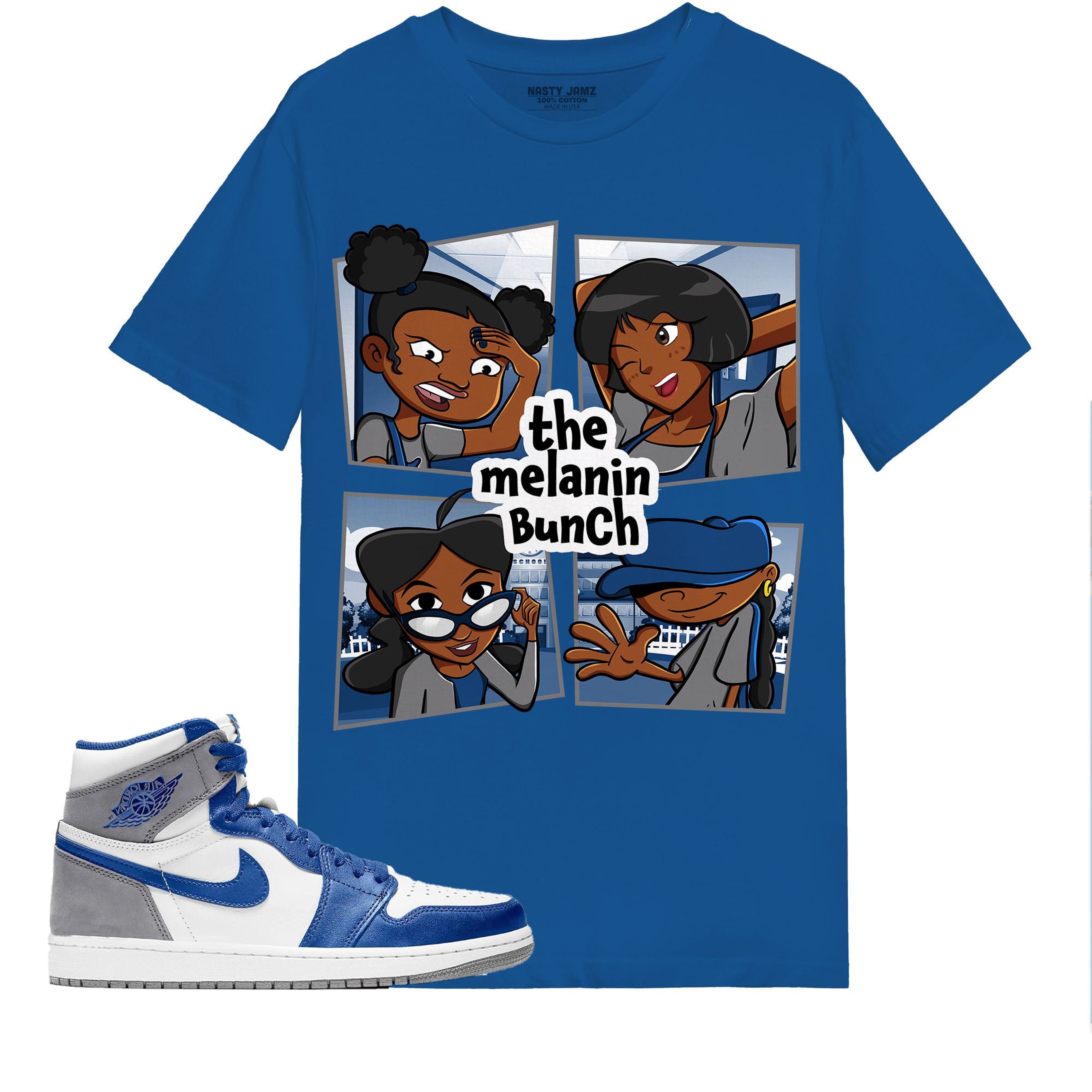 The Melanin Bunch In Cartoon Shirt Match Jordan 1 High OG True Blue Shirt In Color Royal