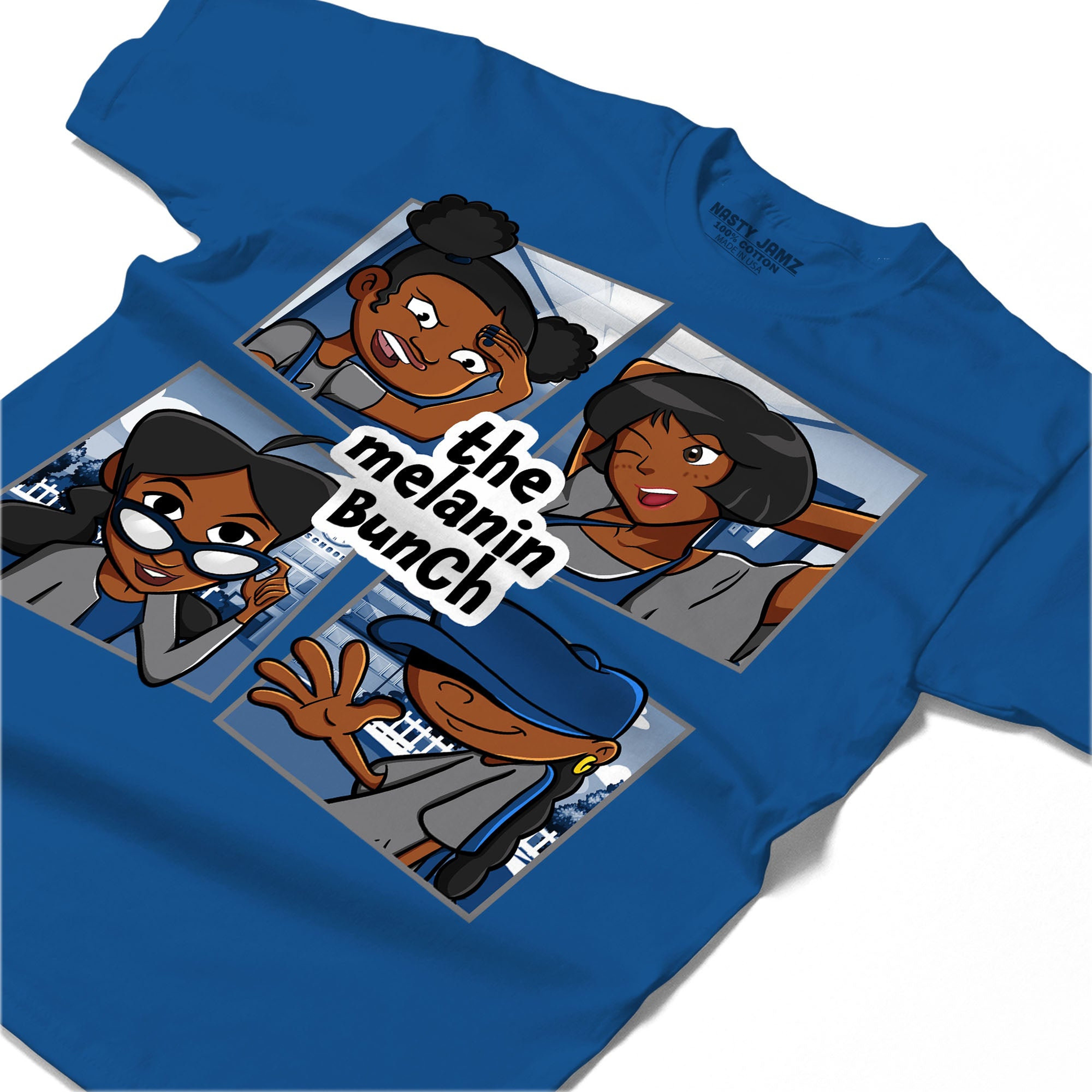 The Melanin Bunch In Cartoon Shirt Match Jordan 1 High OG True Blue Shirt In Color Royal