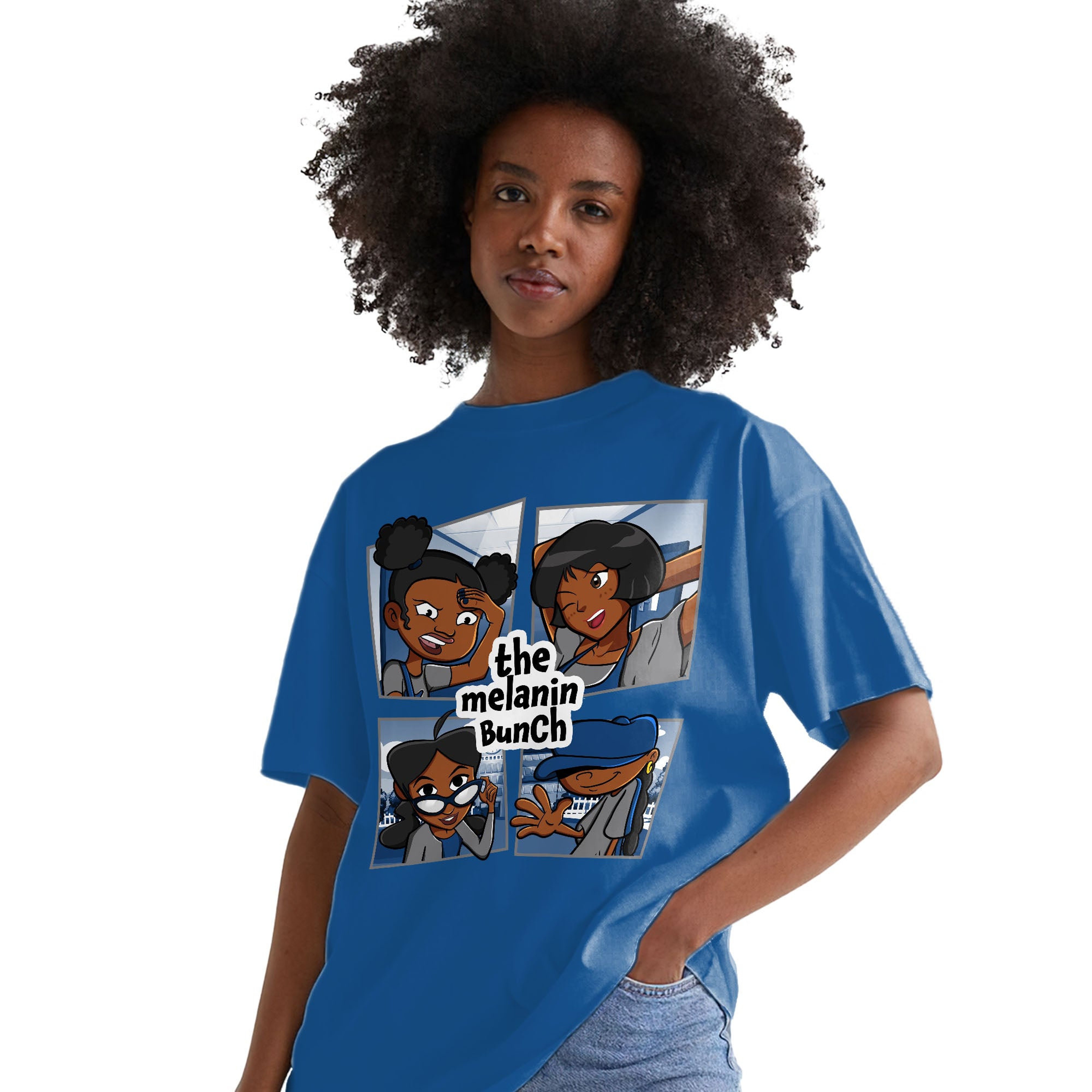 The Melanin Bunch In Cartoon Shirt Match Jordan 1 High OG True Blue Shirt In Color Royal