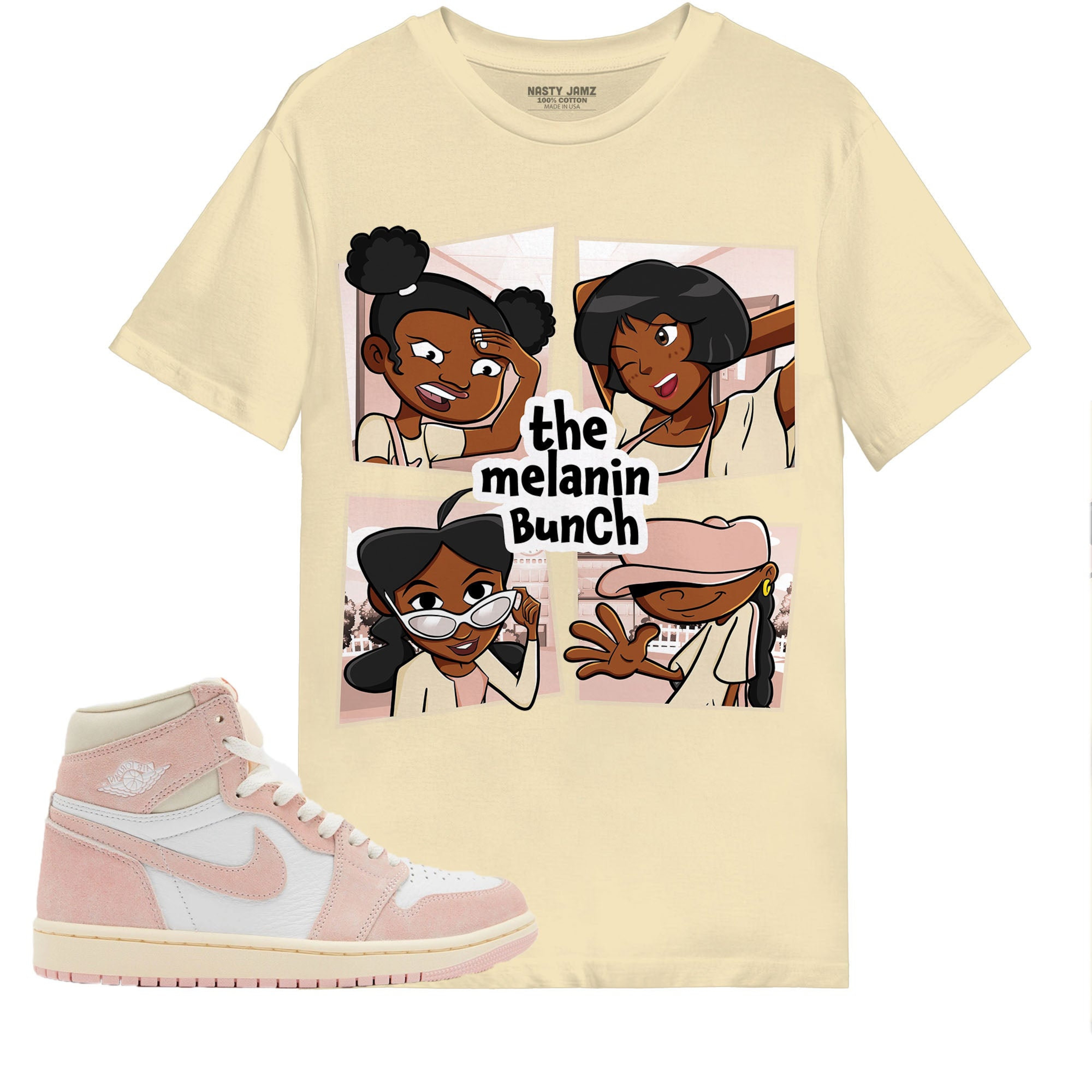 The Melanin Bunch In Cartoon Shirt Match Jordan 1 OG Washed Pink Shirt In Color Nature