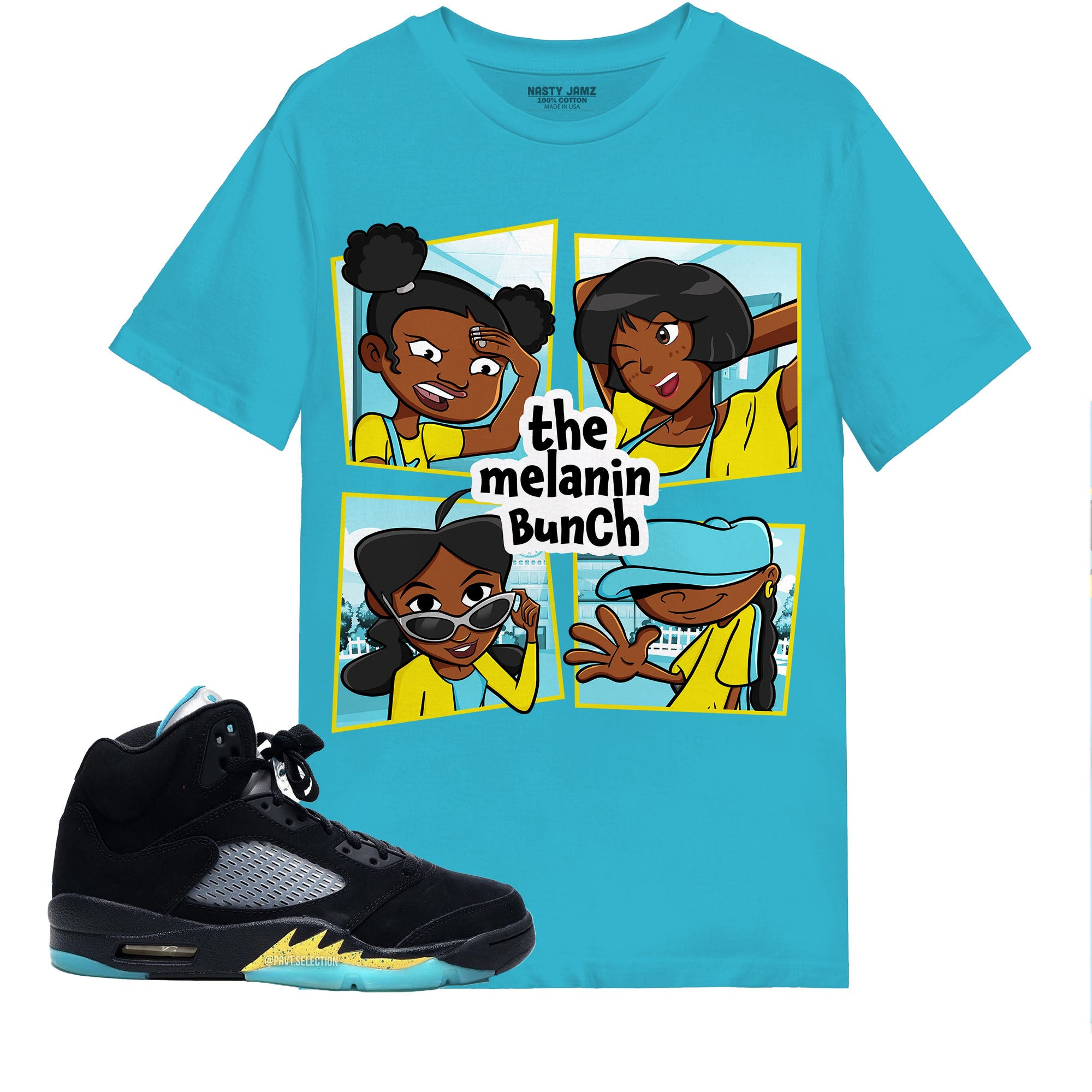The Melanin Bunch In Cartoon Shirt Match Jordan 5 Aqua Shirt In Color Turquoise