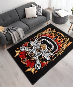 Tiger Skull Biker With Fire Motorcycle Rug - Bold Rug for Hot Rod Enthusiasts