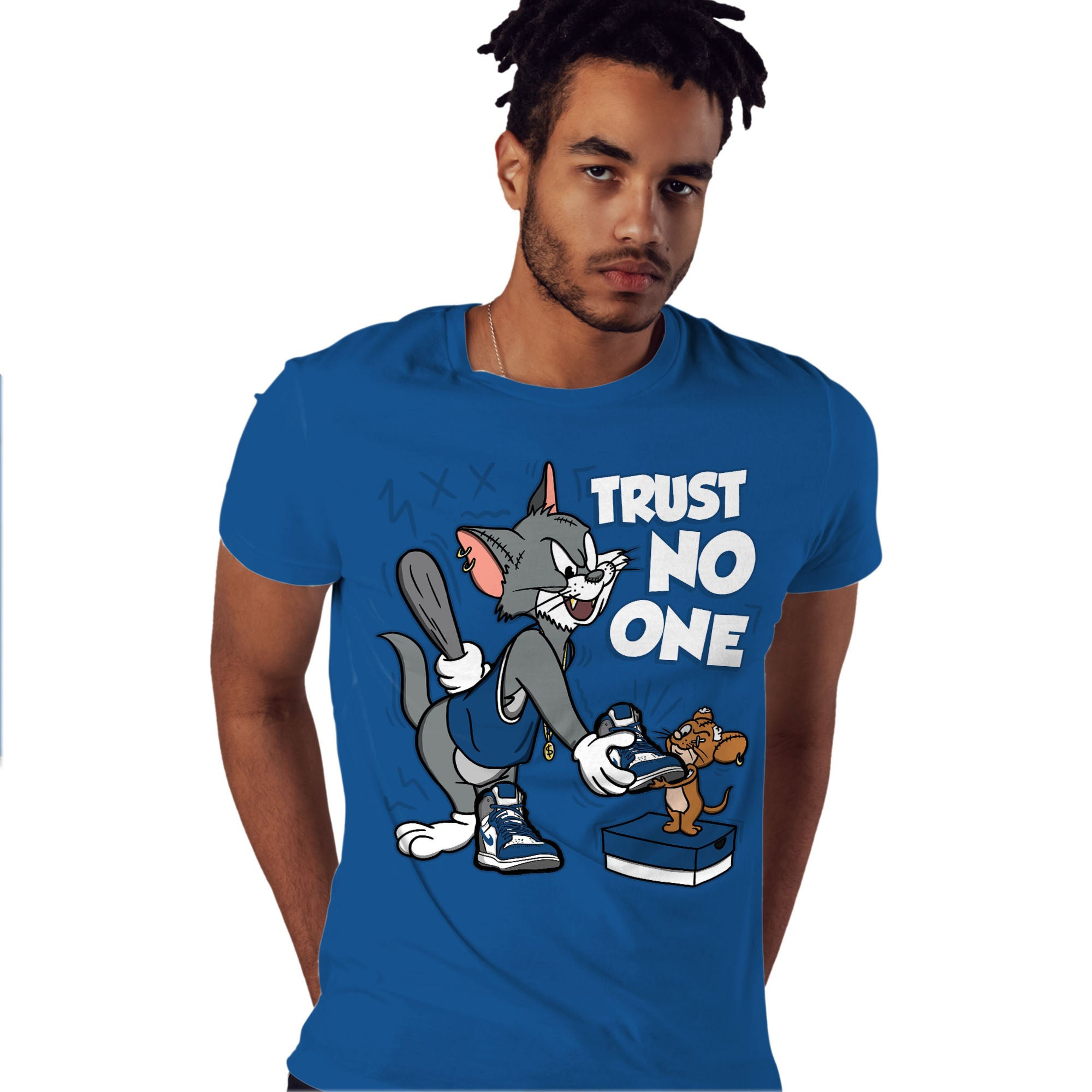 Trust No One Cat And Mouse Shirt Match Jordan 1 High OG True Blue Shirt In Color Royal