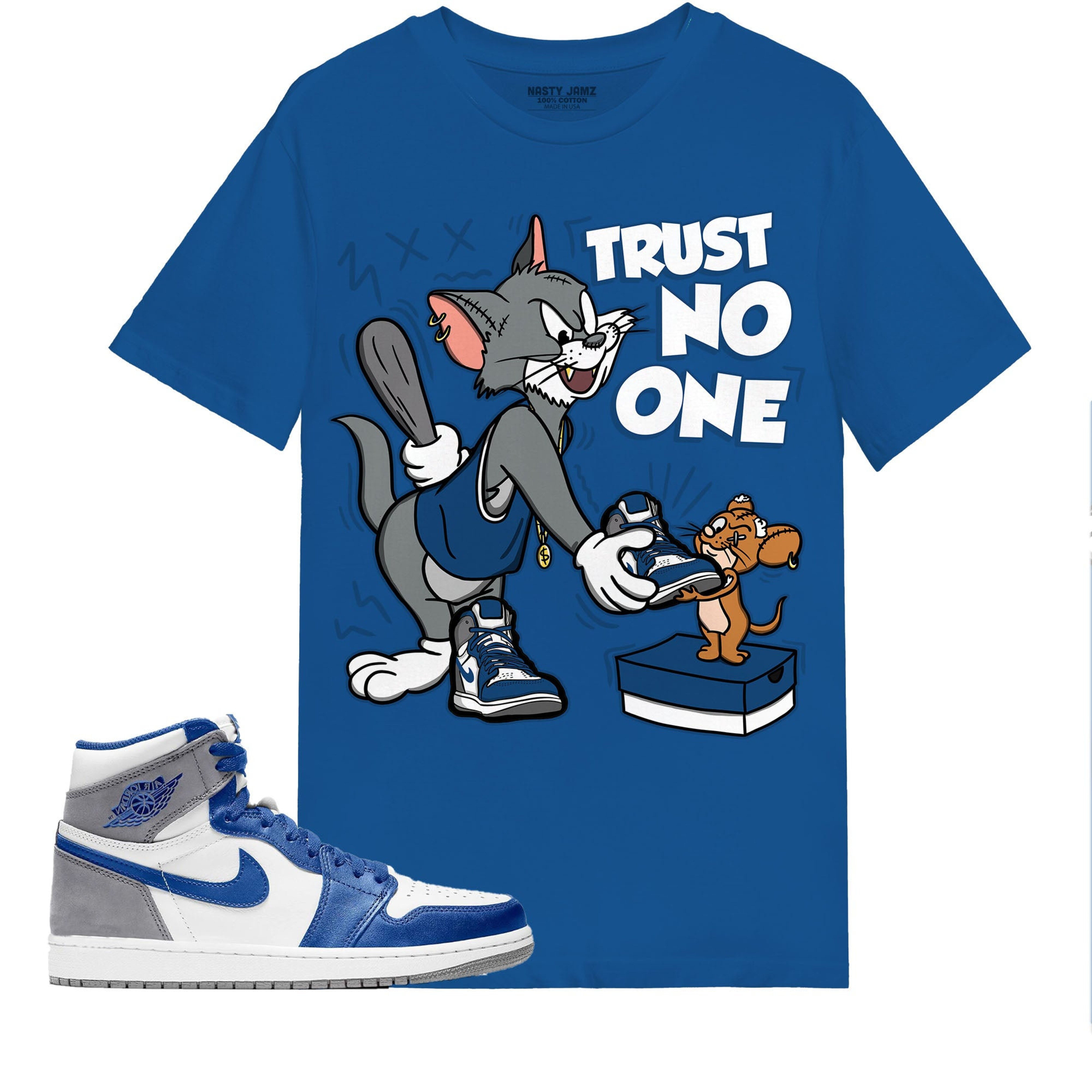Trust No One Cat And Mouse Shirt Match Jordan 1 High OG True Blue Shirt In Color Royal