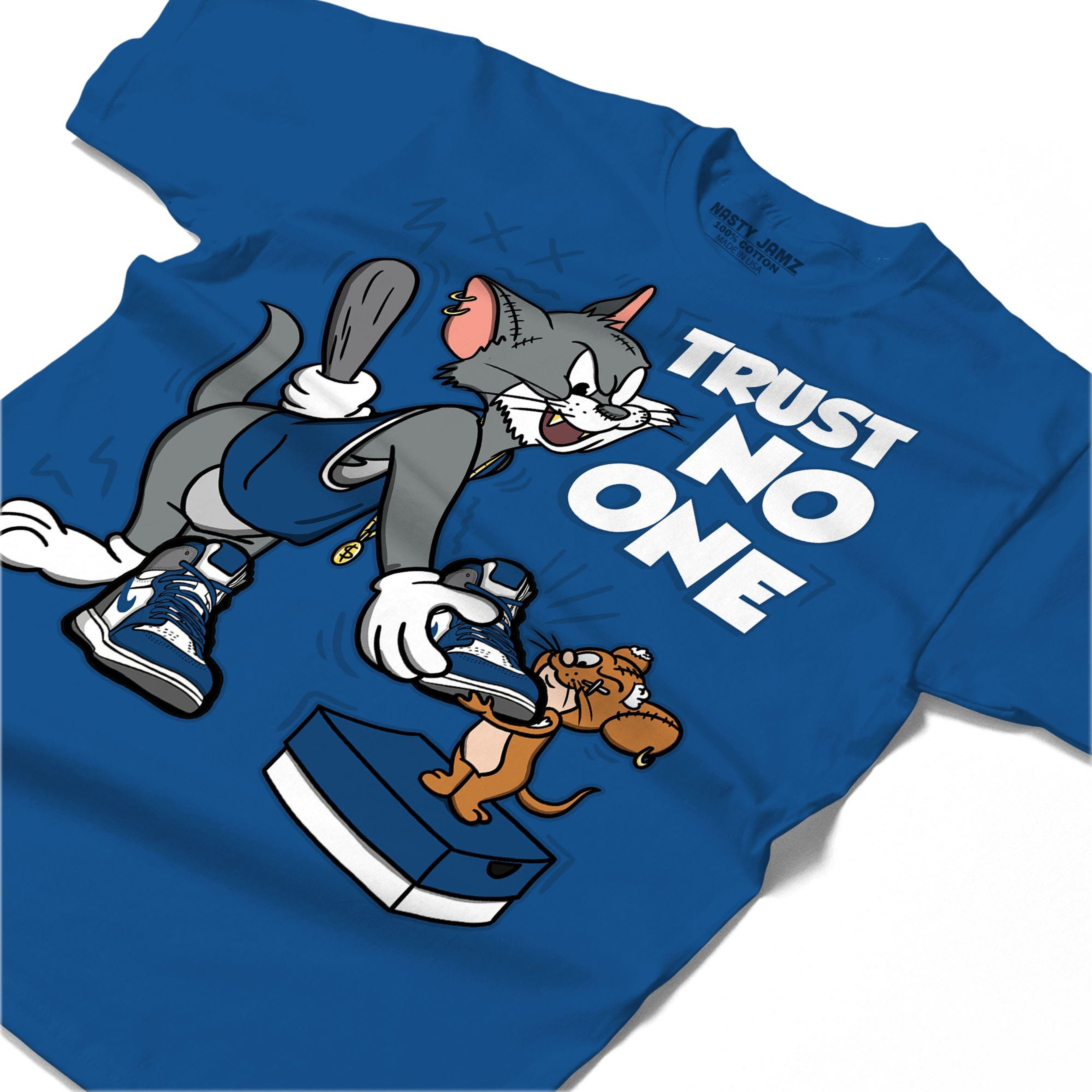 Trust No One Cat And Mouse Shirt Match Jordan 1 High OG True Blue Shirt In Color Royal