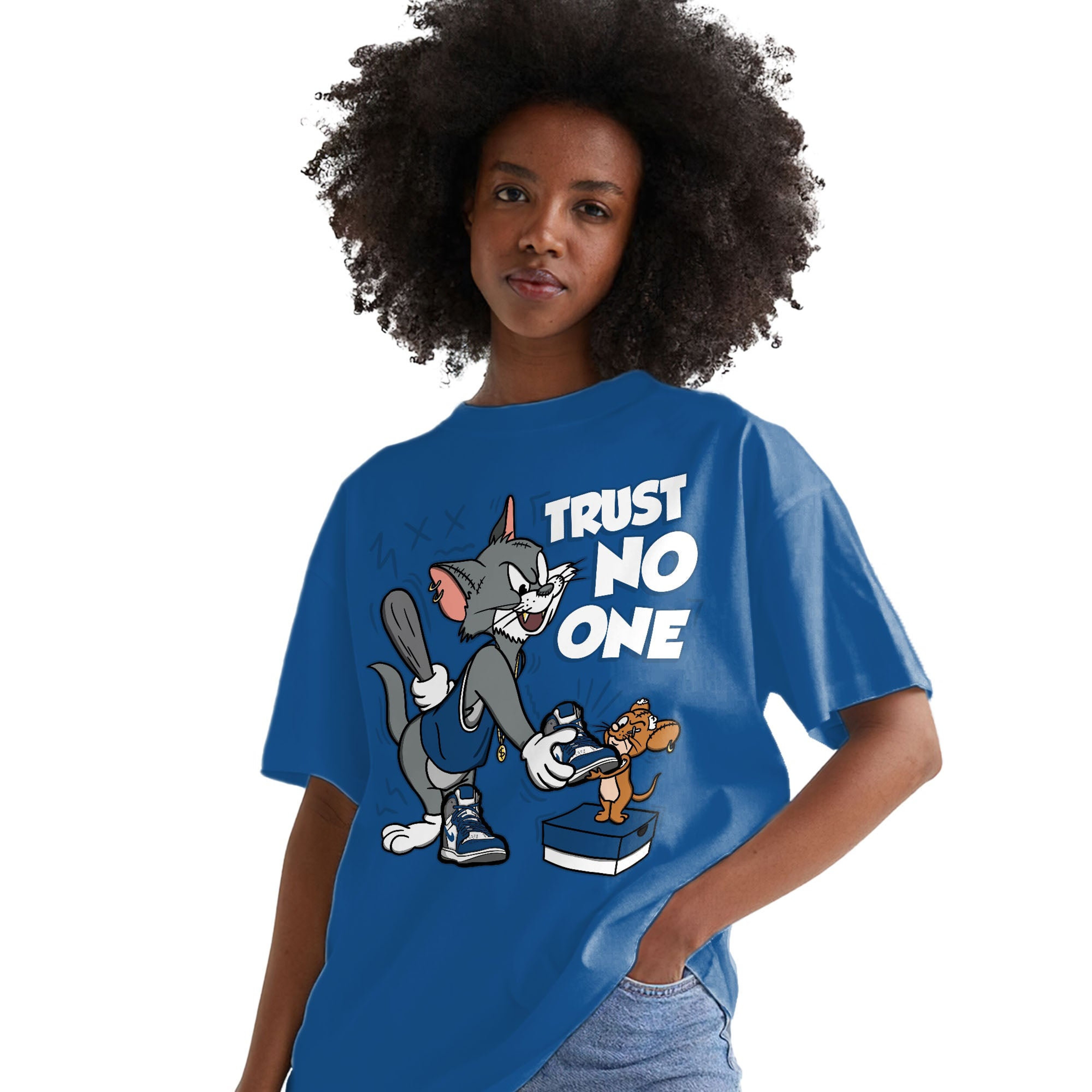 Trust No One Cat And Mouse Shirt Match Jordan 1 High OG True Blue Shirt In Color Royal
