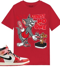 Trust No One Cat And Mouse Shirt Match Jordan 1 Spiderman Across the Spider-Verse Shirt In Color Red