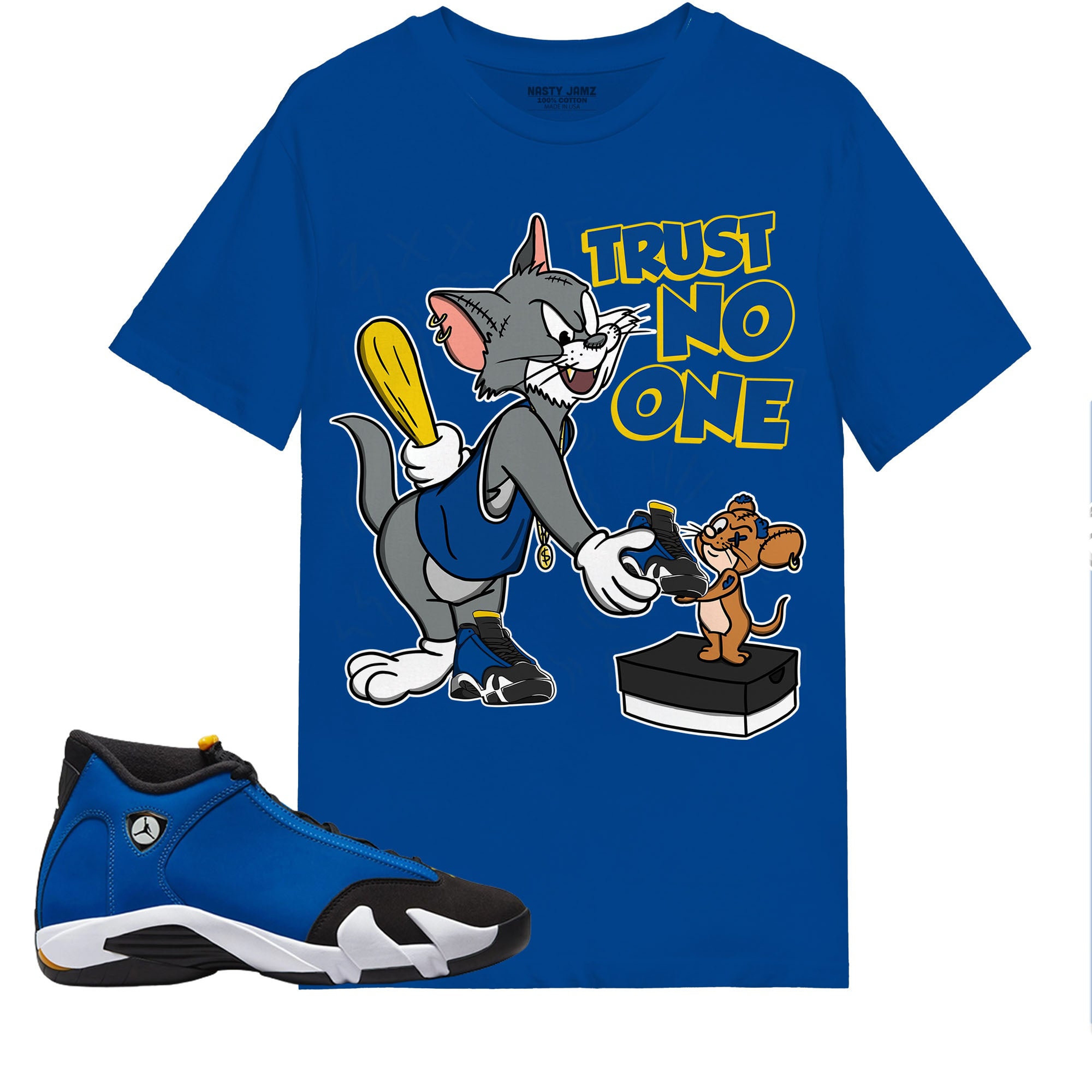 Trust No One Cat And Mouse Shirt Match Jordan 14 Laney Shirt In Color Royal