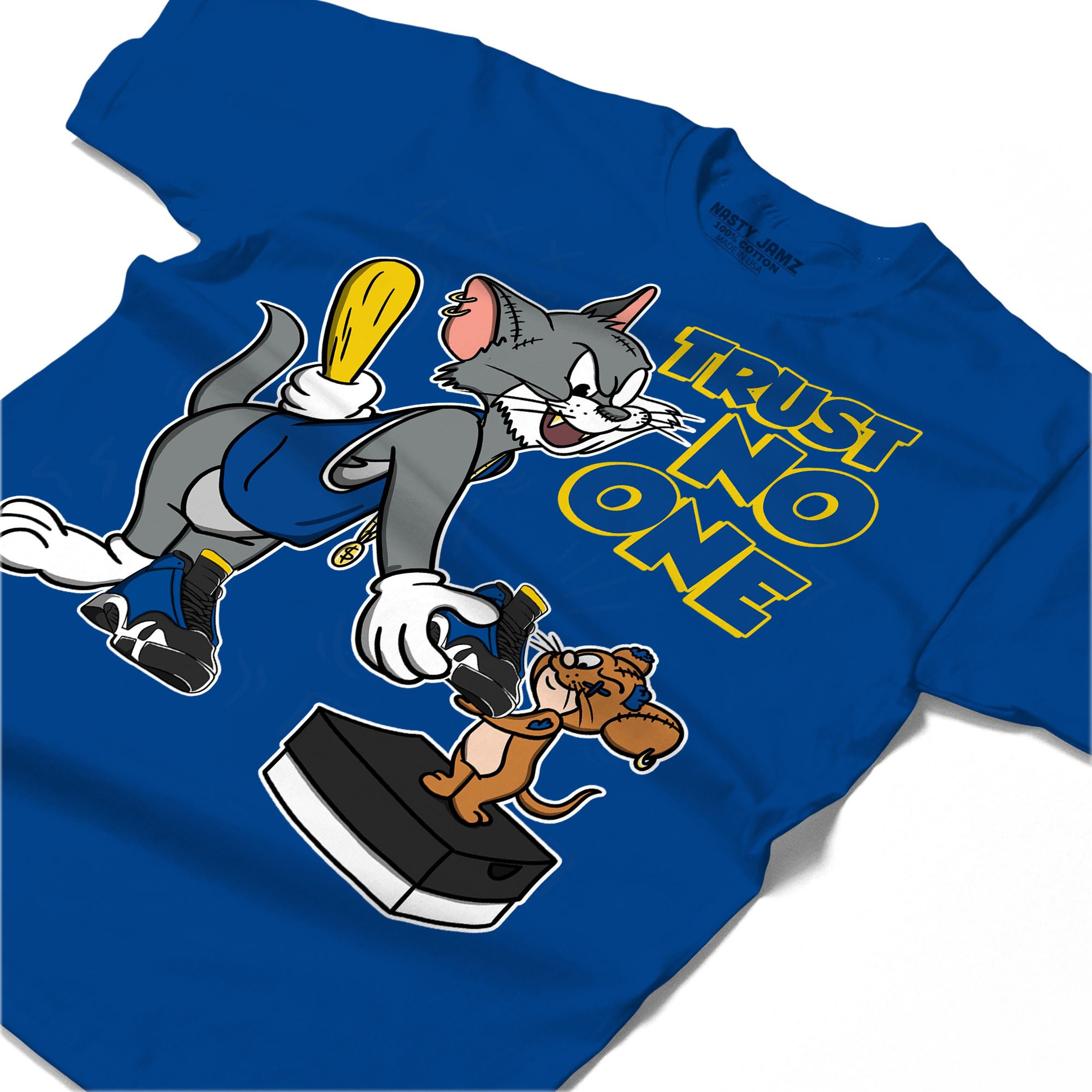 Trust No One Cat And Mouse Shirt Match Jordan 14 Laney Shirt In Color Royal