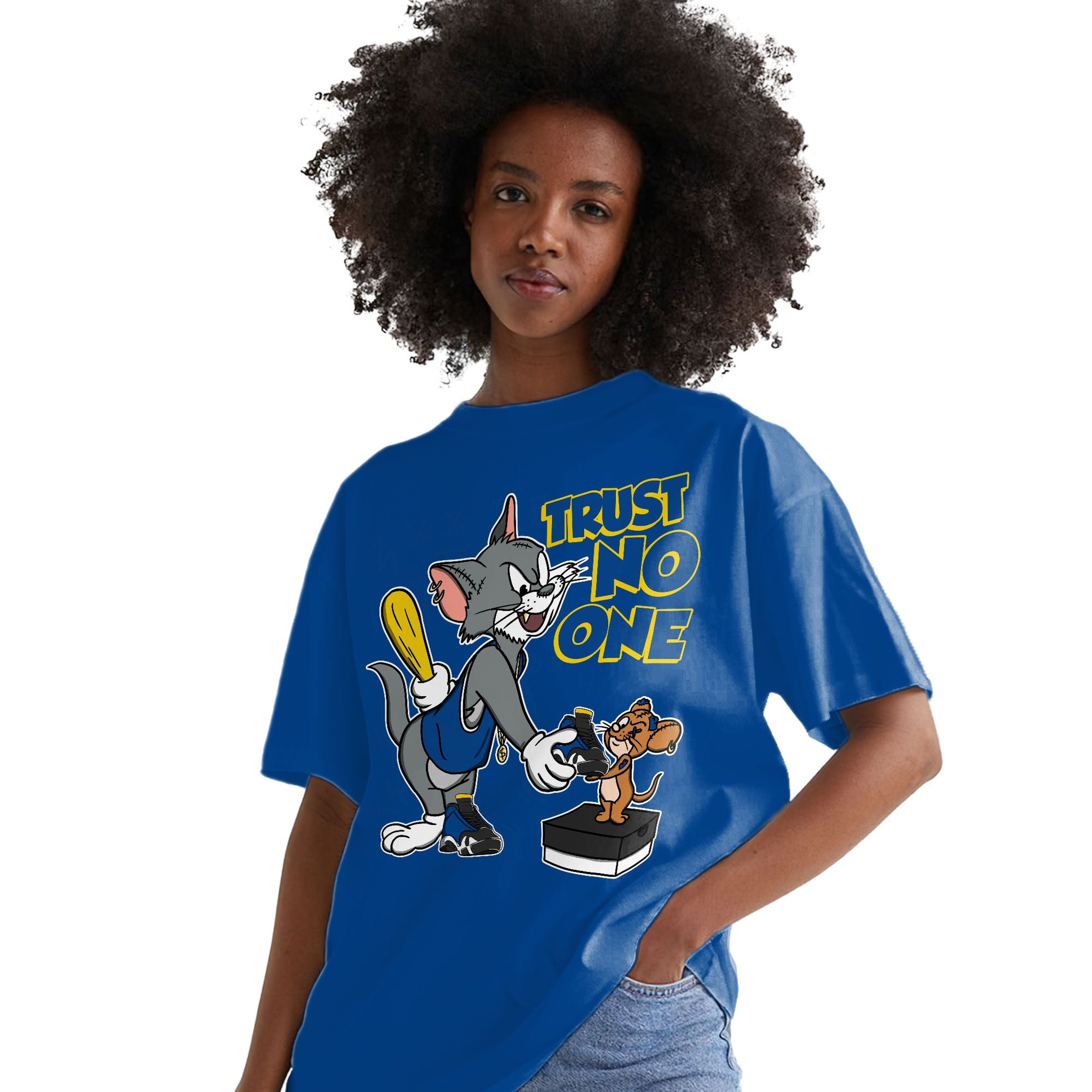 Trust No One Cat And Mouse Shirt Match Jordan 14 Laney Shirt In Color Royal