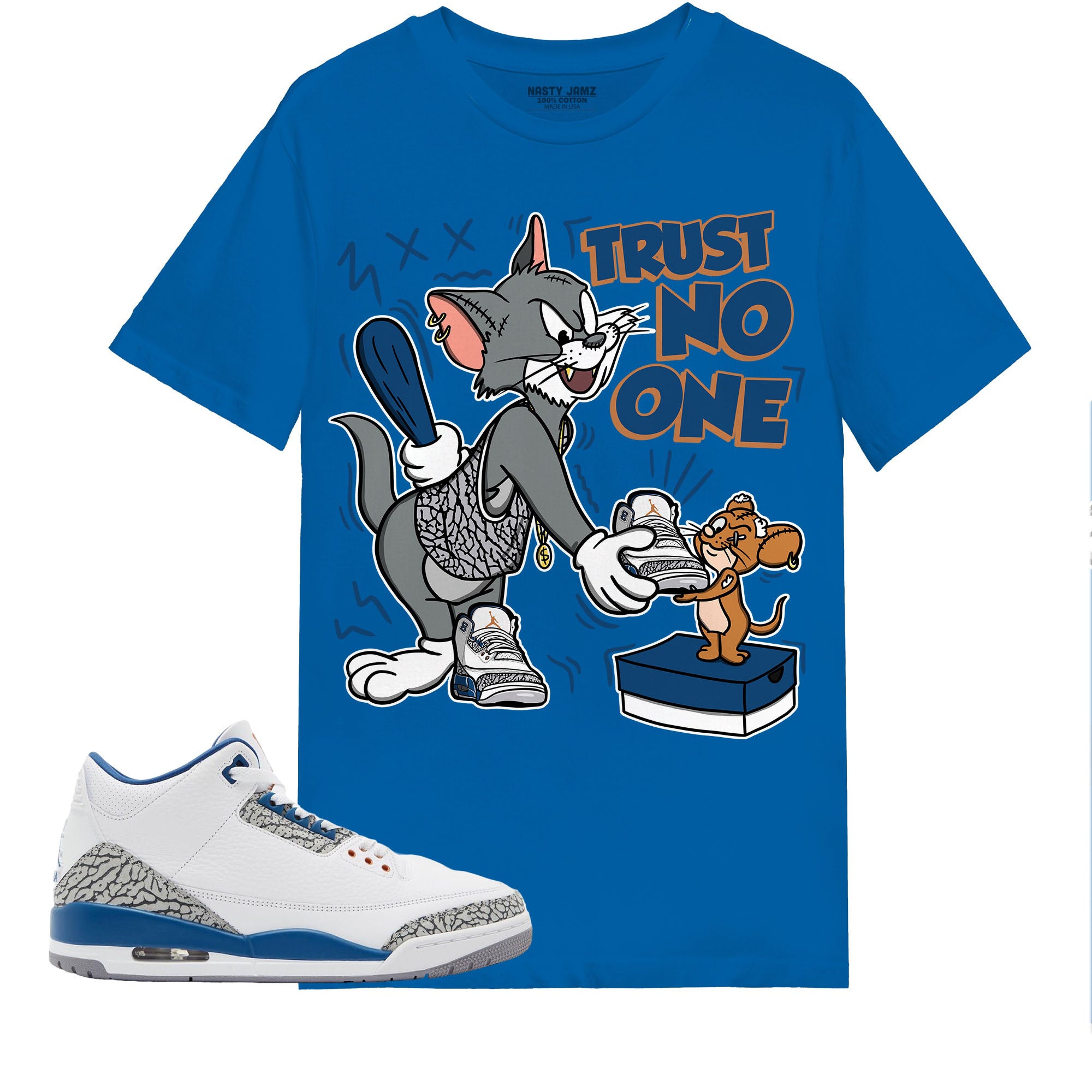 Trust No One Cat And Mouse Shirt Match Jordan 3 Wizards Shirt In Color Royal