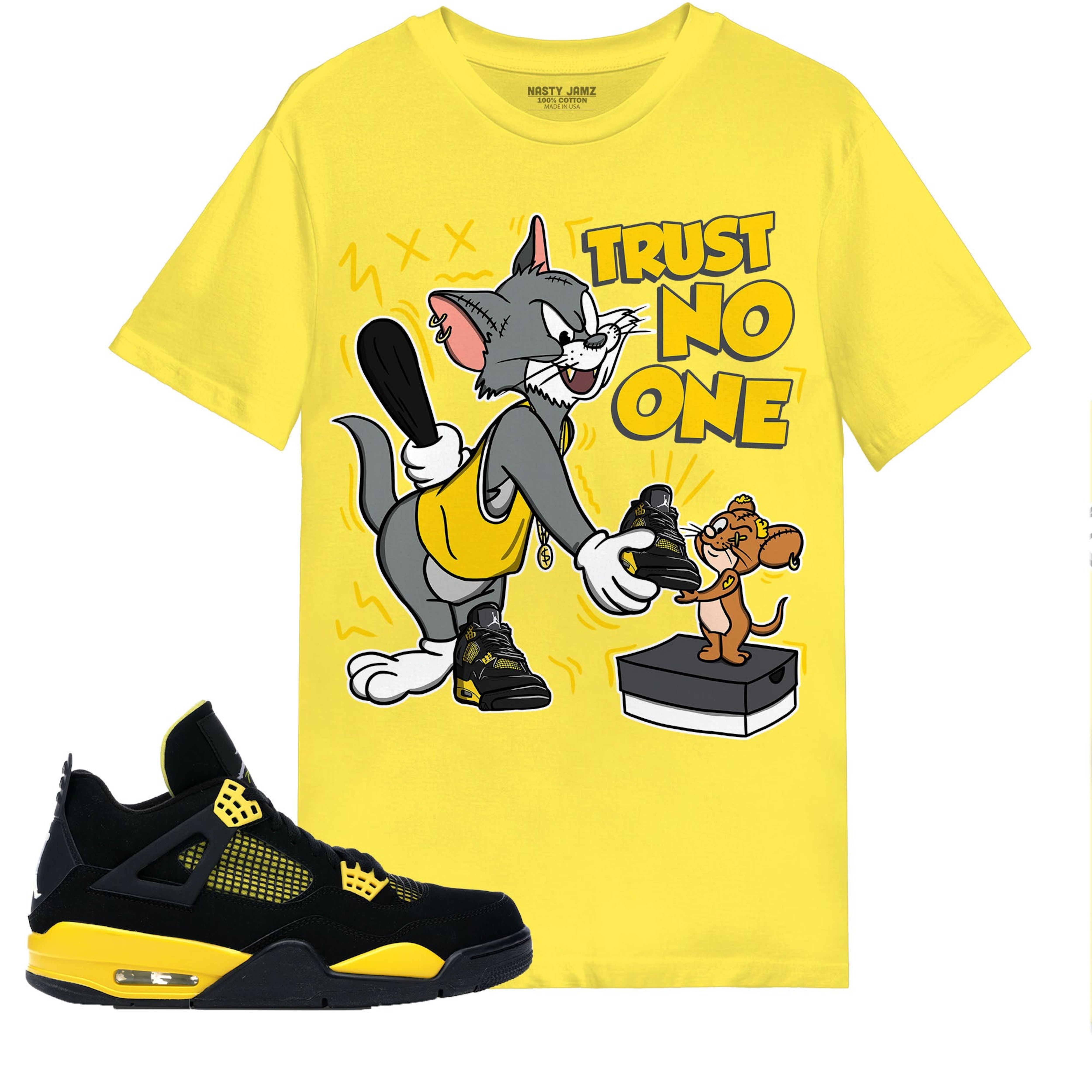 Trust No One Cat And Mouse Shirt Match Jordan 4 Thunder Shirt In Color Daisy