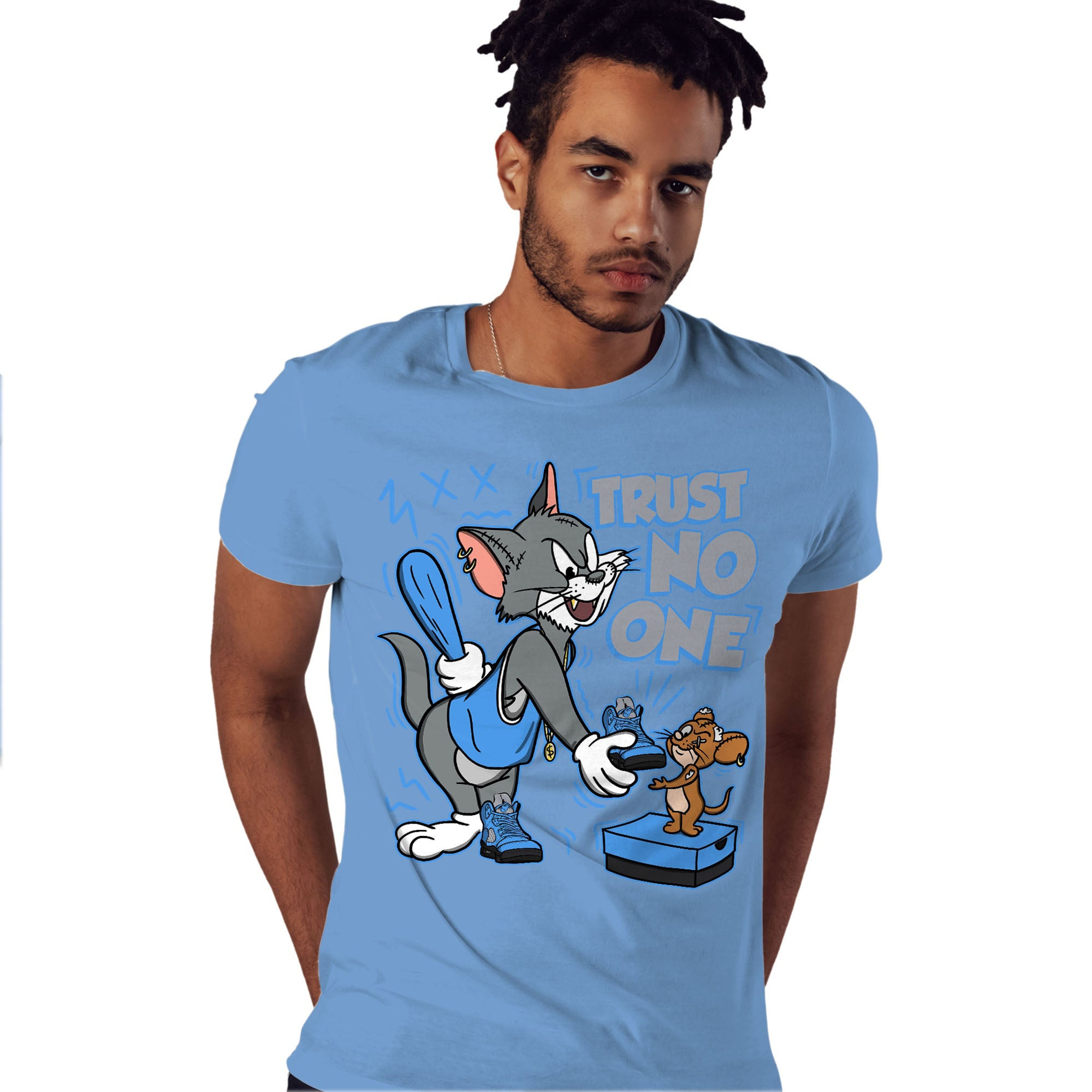 Trust No One Cat And Mouse Shirt Match Jordan 5 University Blue Shirt In Color Carolina Blue