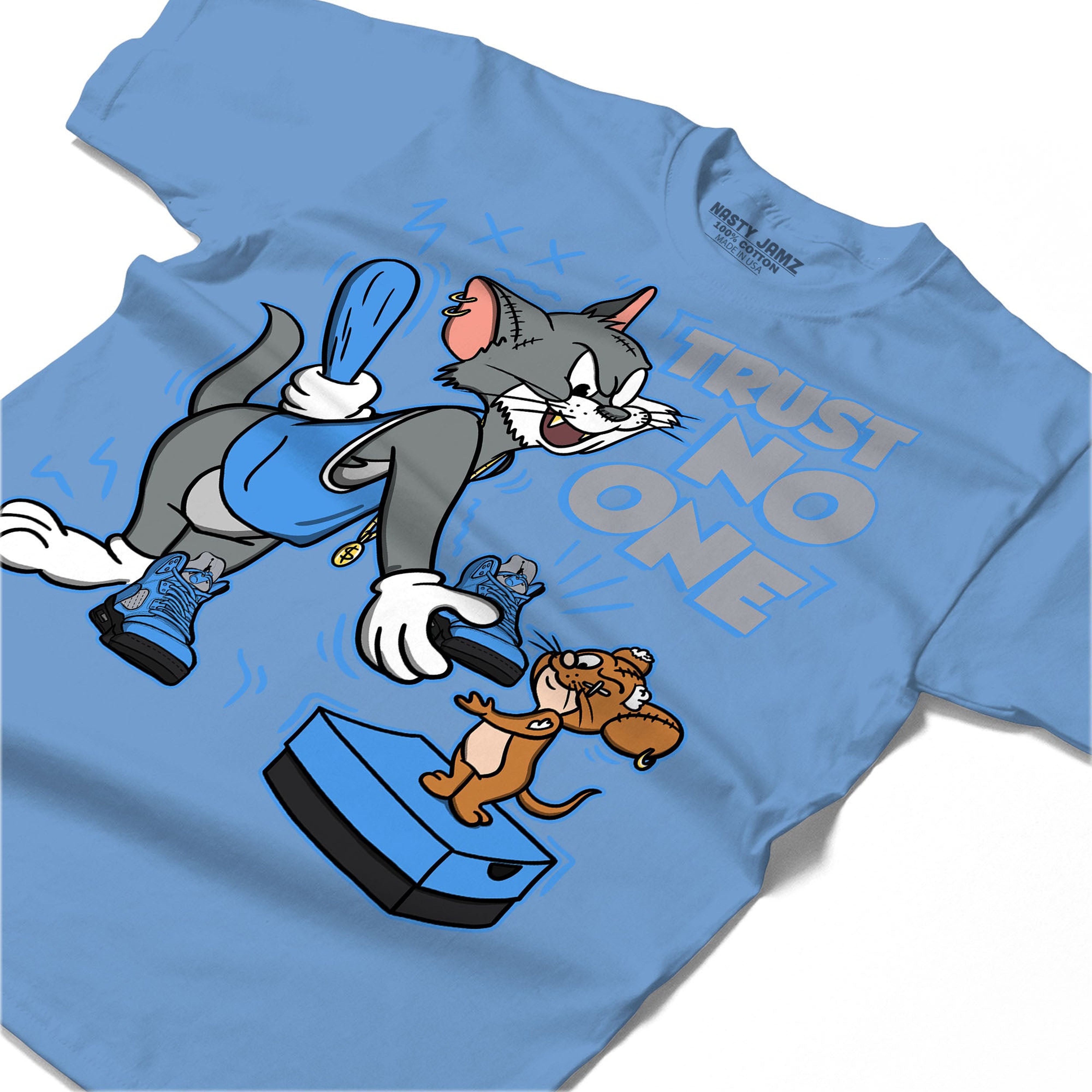 Trust No One Cat And Mouse Shirt Match Jordan 5 University Blue Shirt In Color Carolina Blue