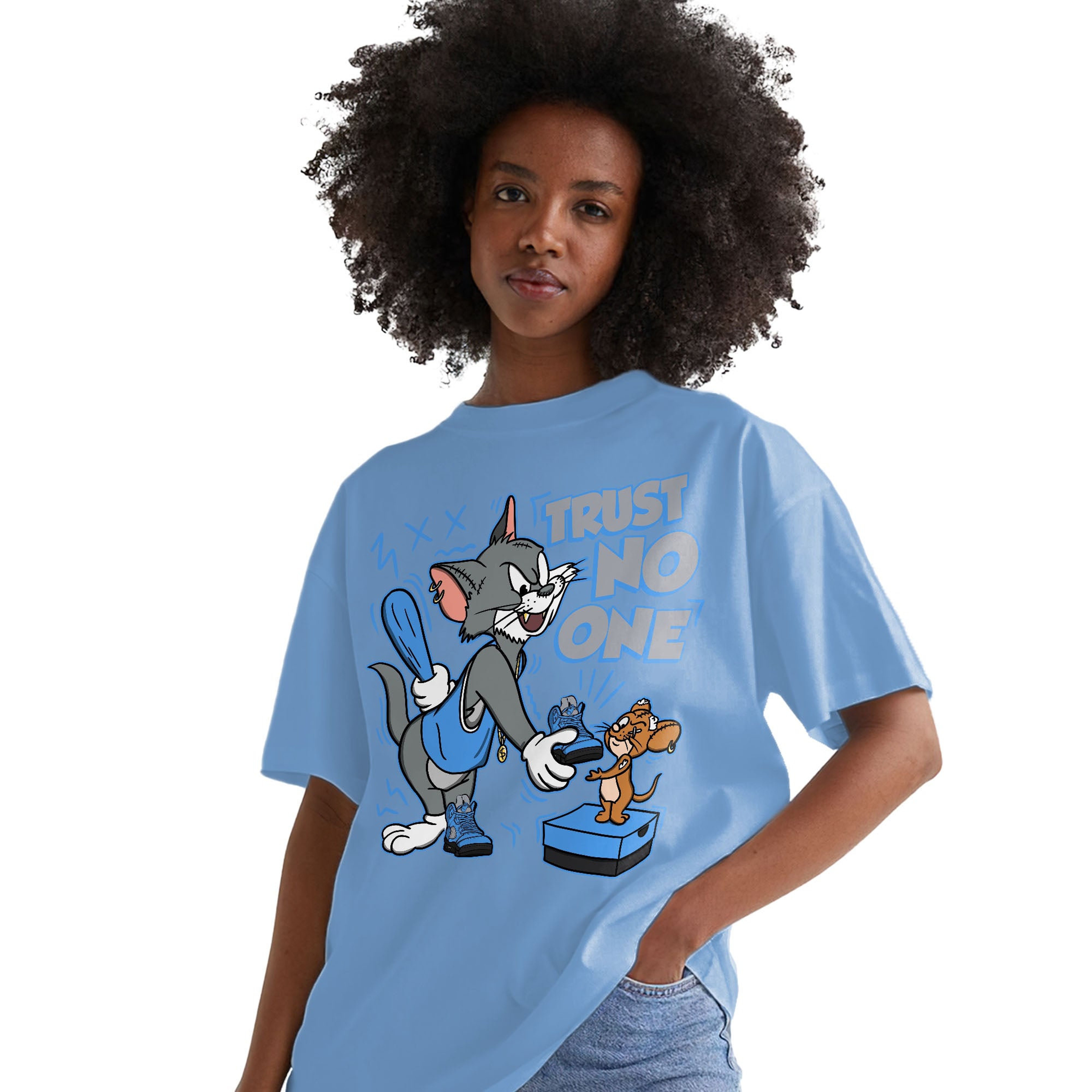 Trust No One Cat And Mouse Shirt Match Jordan 5 University Blue Shirt In Color Carolina Blue