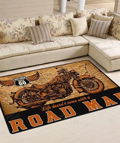 Vintage Road Map Route 66 Motorcycle Area Rug - Retro Style Rug for Hot Rod Enthusiasts