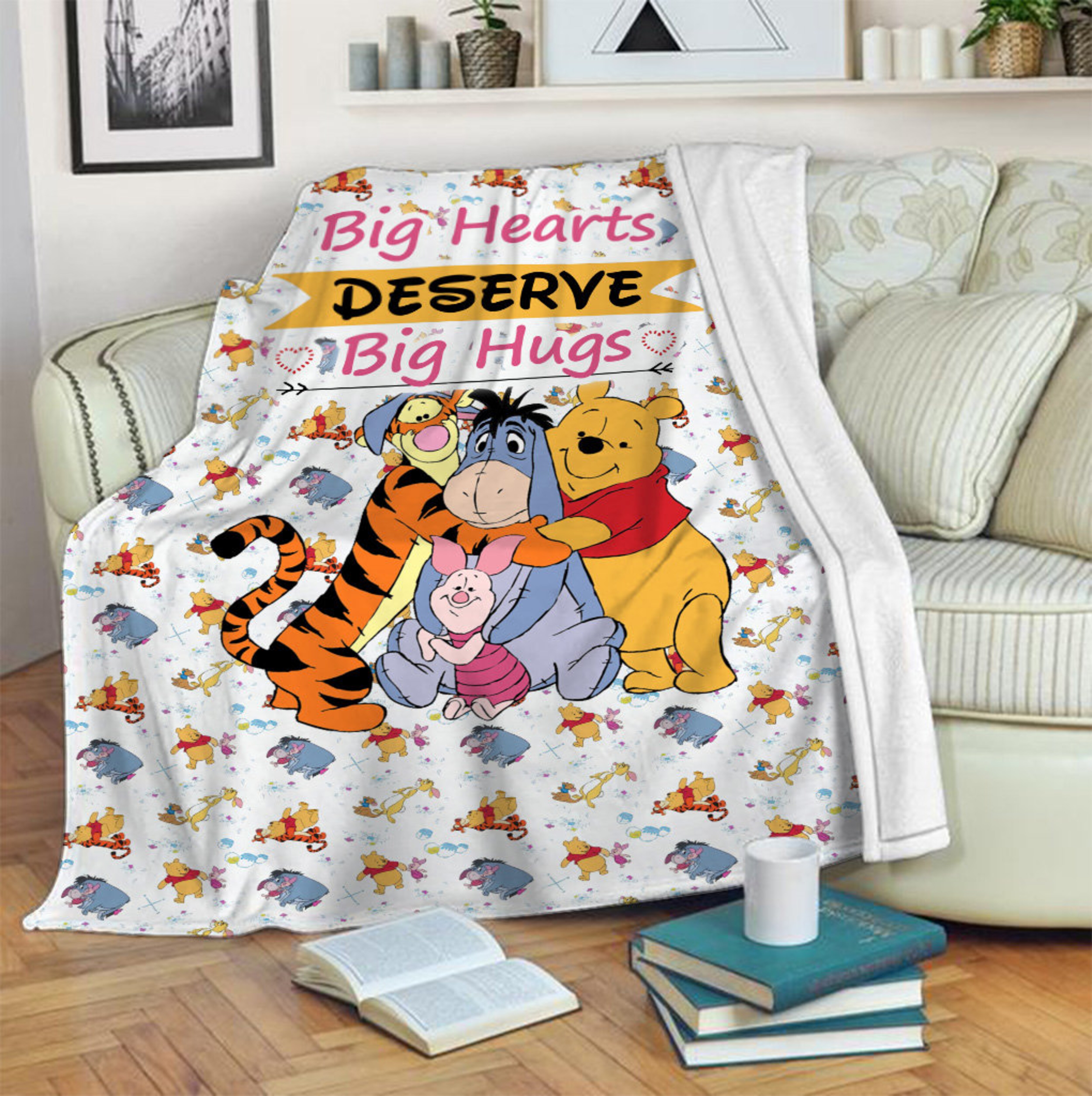 Winnie Booh Big Heart Fleece Blanket, Winnie The Bear Piglet Sherpa Blanket, Booh Birthday Gift Eeyor Bear Christmas Gift