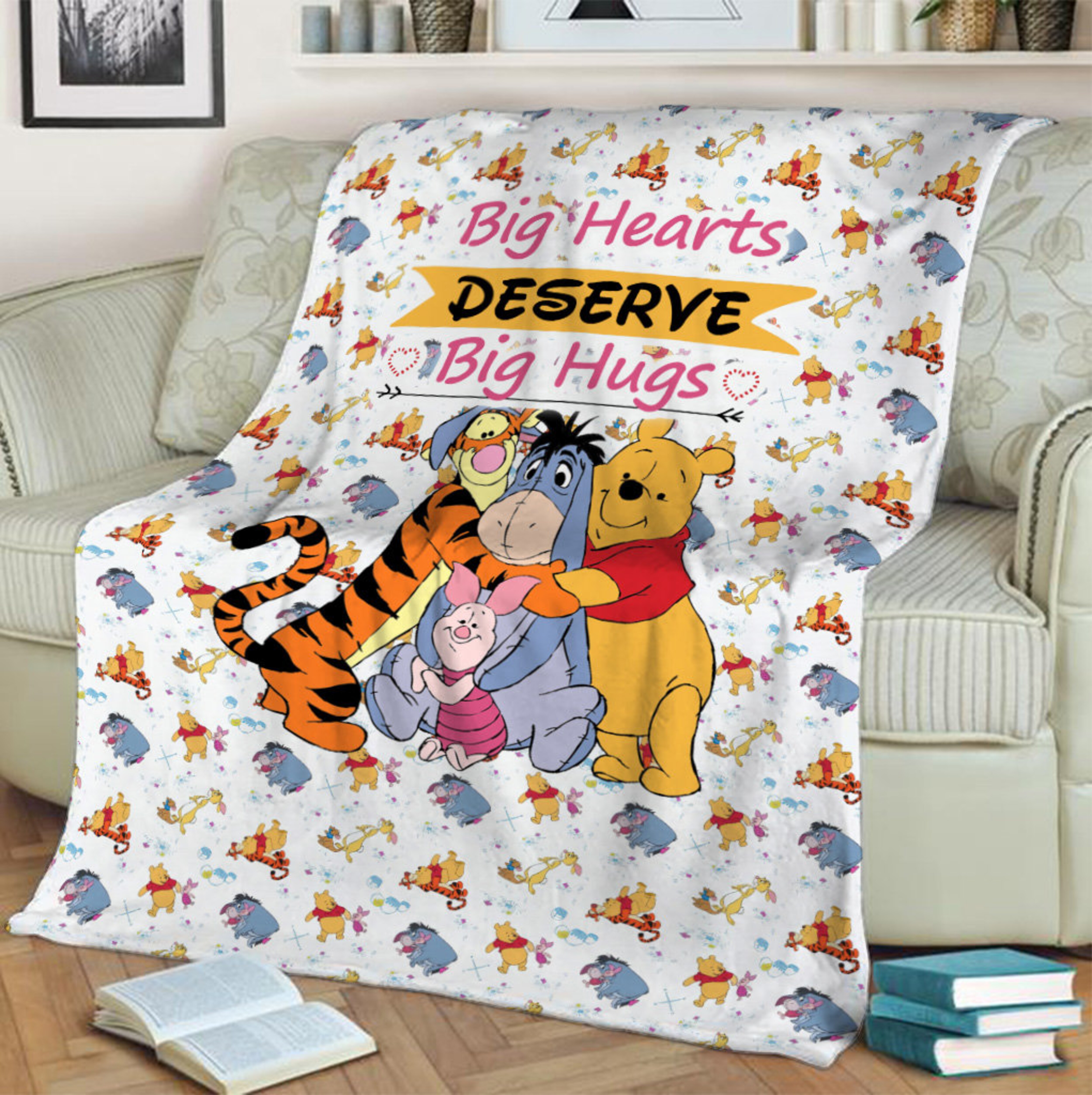 Winnie Booh Big Heart Fleece Blanket, Winnie The Bear Piglet Sherpa Blanket, Booh Birthday Gift Eeyor Bear Christmas Gift