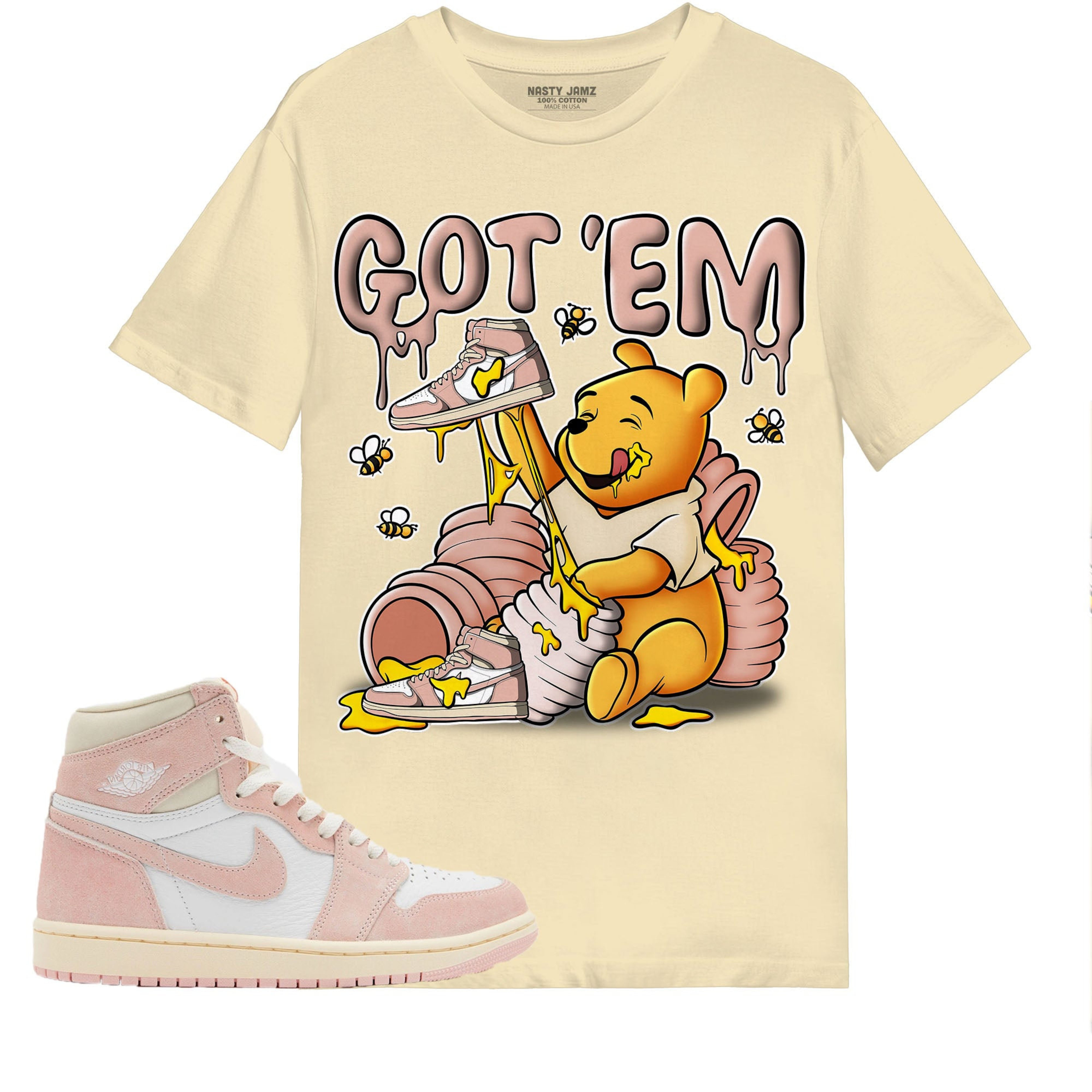 Winnie Pooh Got Em Shirt Match Jordan 1 OG Washed Pink Shirt In Color Nature