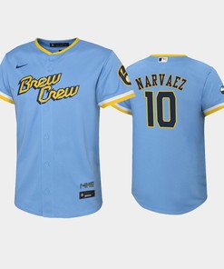 2022-23 City Connect Youth Milwaukee Brewers Omar Narvaez 10 Omar Narvaez Jersey - Powder Blue
