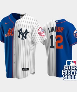 2022-23 Subway Series New York Mets 12 Francisco Lindor Split Royal White Jersey