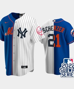 2022-23 Subway Series New York Mets 21 Max Scherzer Split Royal White Jersey