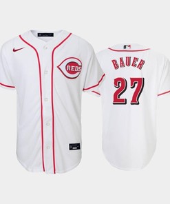 27 Trevor Bauer Youth Reds Home White Jersey